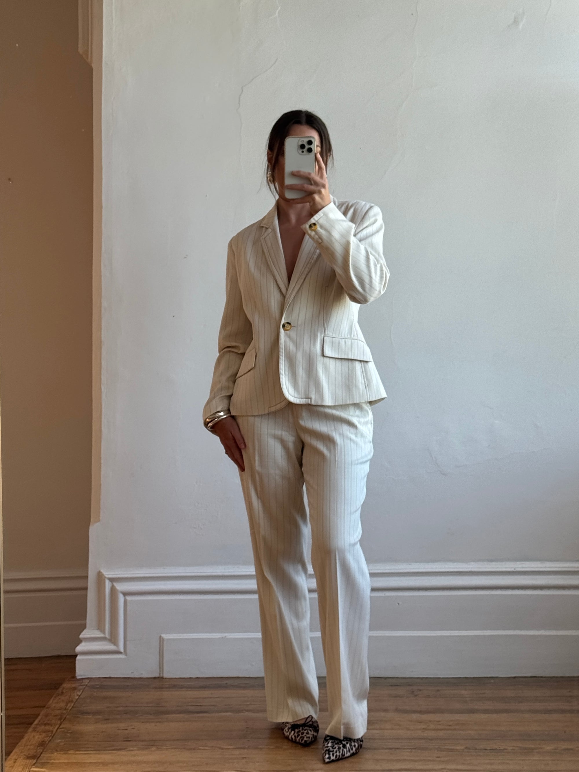 Vintage 90s Cream Pinstripe Tailored Suit