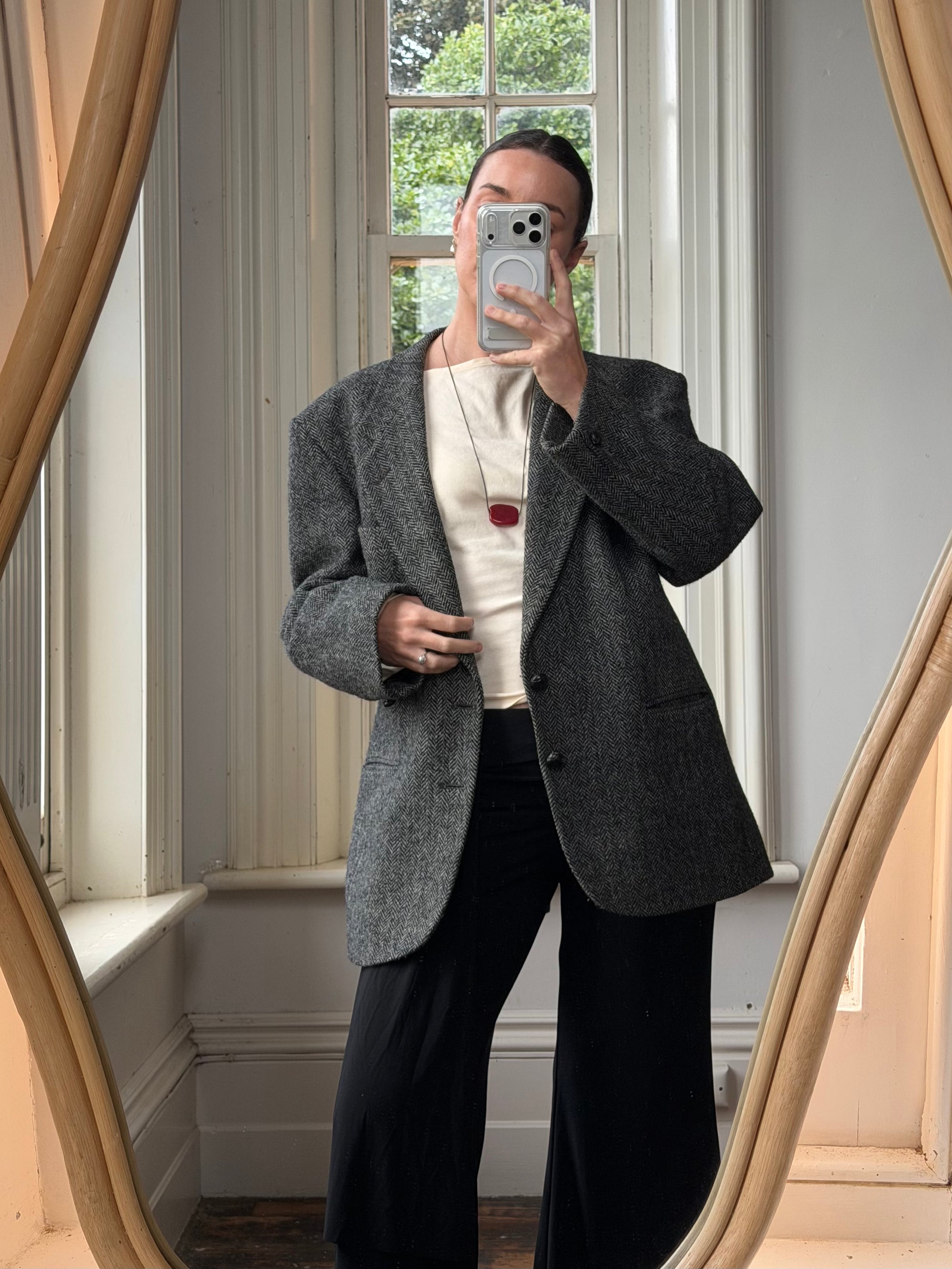 Vintage 70s Grey Herringbone Tweed Longline Blazer