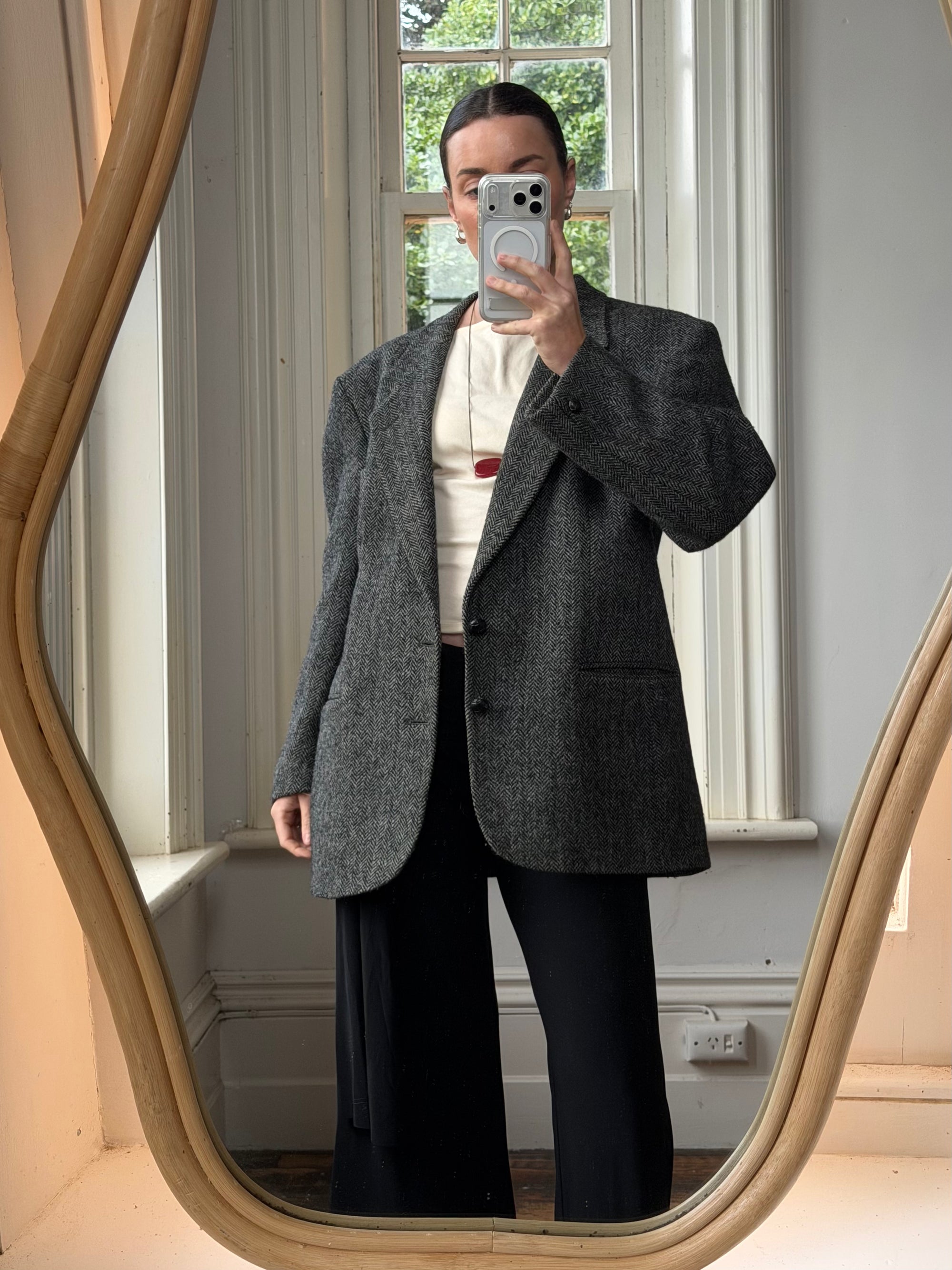 Vintage 70s Grey Herringbone Tweed Longline Blazer