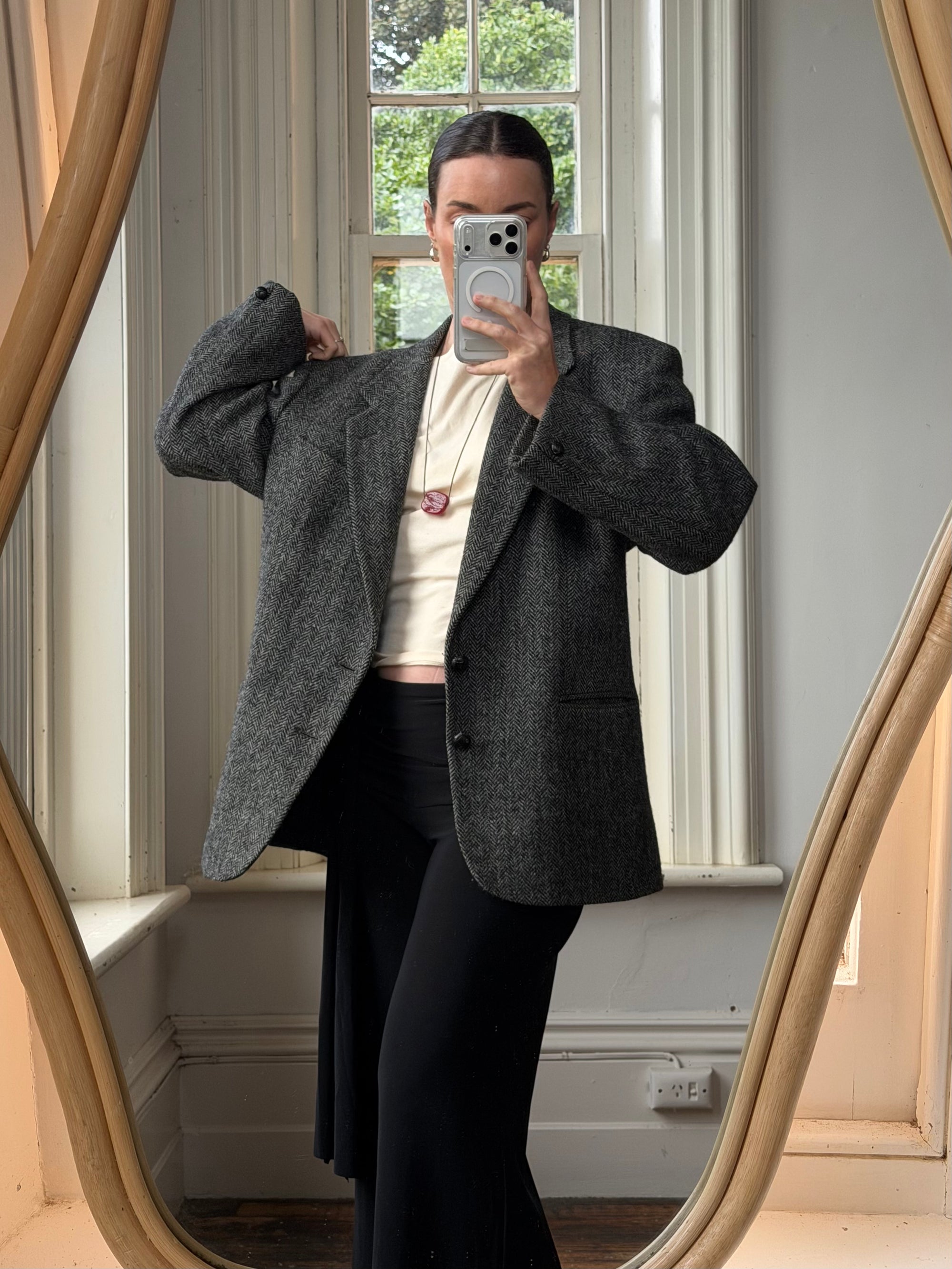 Vintage 70s Grey Herringbone Tweed Longline Blazer