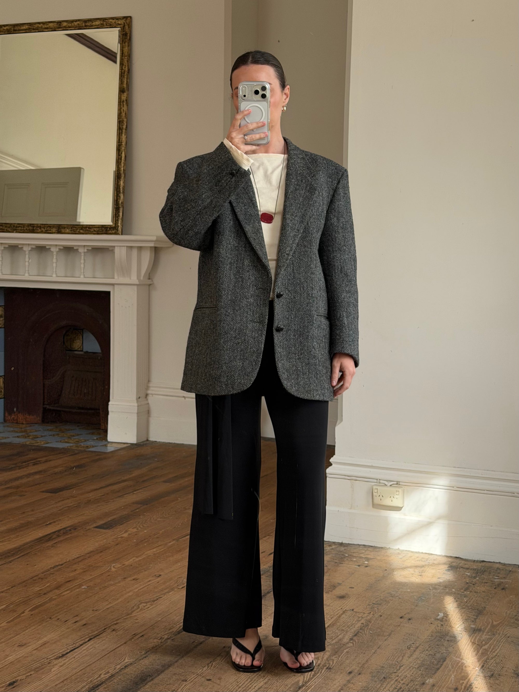 Vintage 70s Grey Herringbone Tweed Longline Blazer