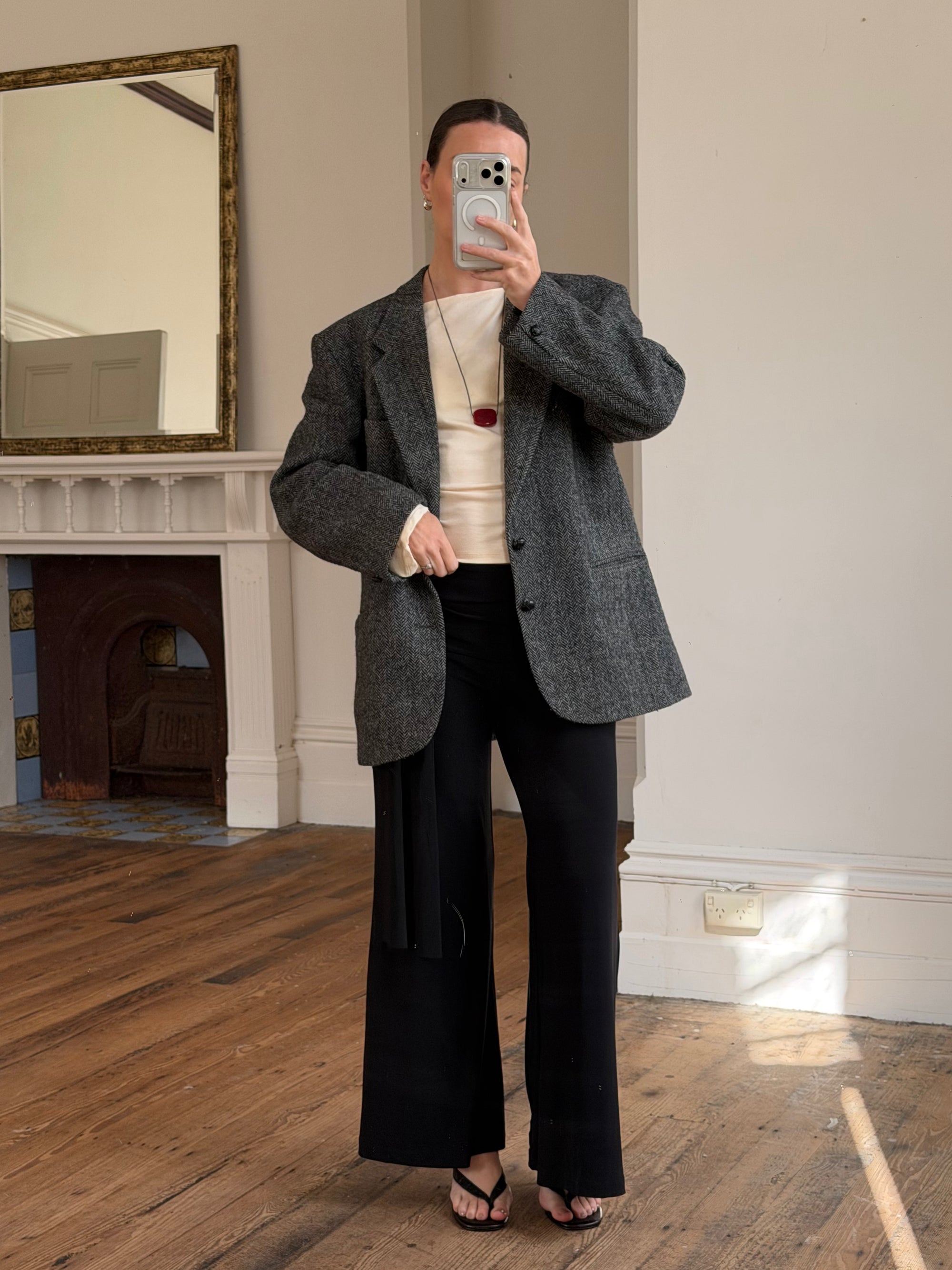 Vintage 70s Grey Herringbone Tweed Longline Blazer