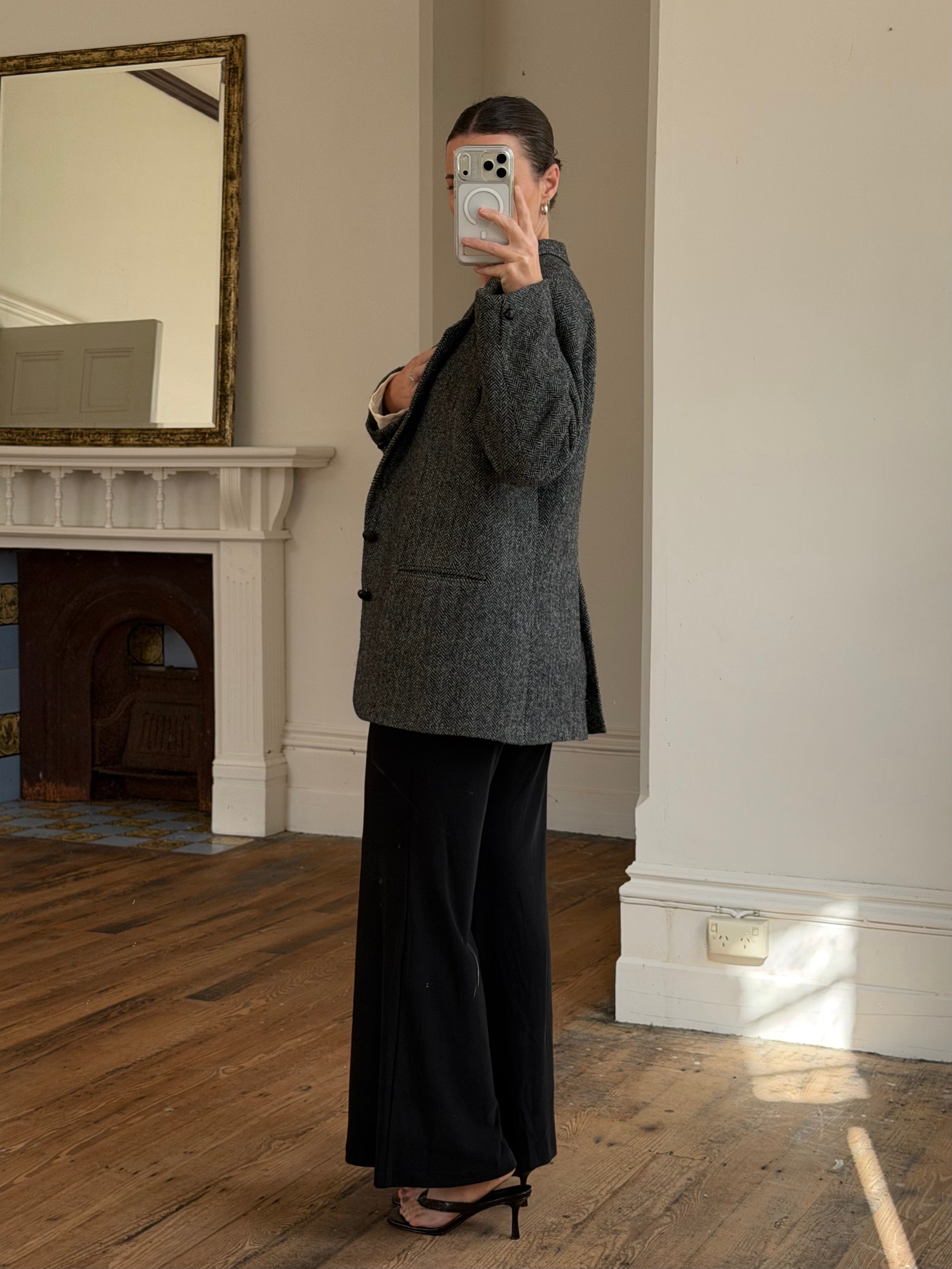 Vintage 70s Grey Herringbone Tweed Longline Blazer