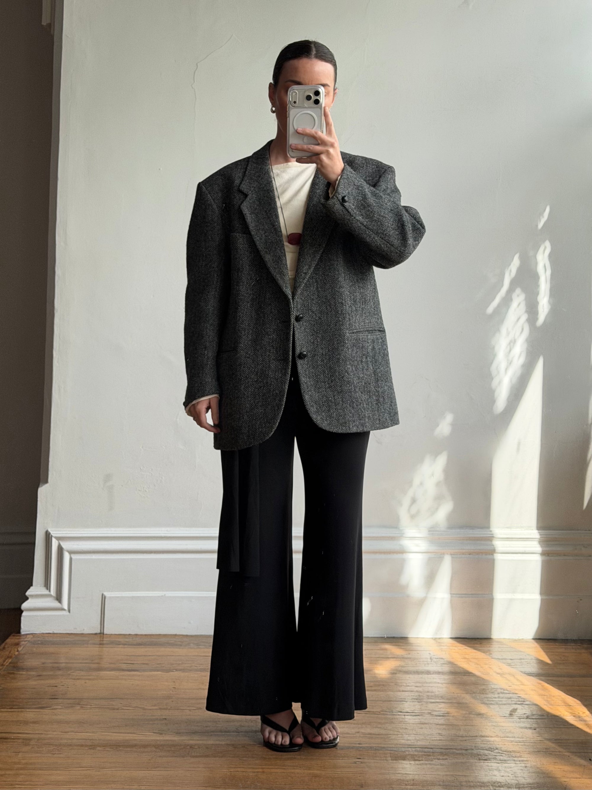 Vintage 70s Grey Herringbone Tweed Longline Blazer