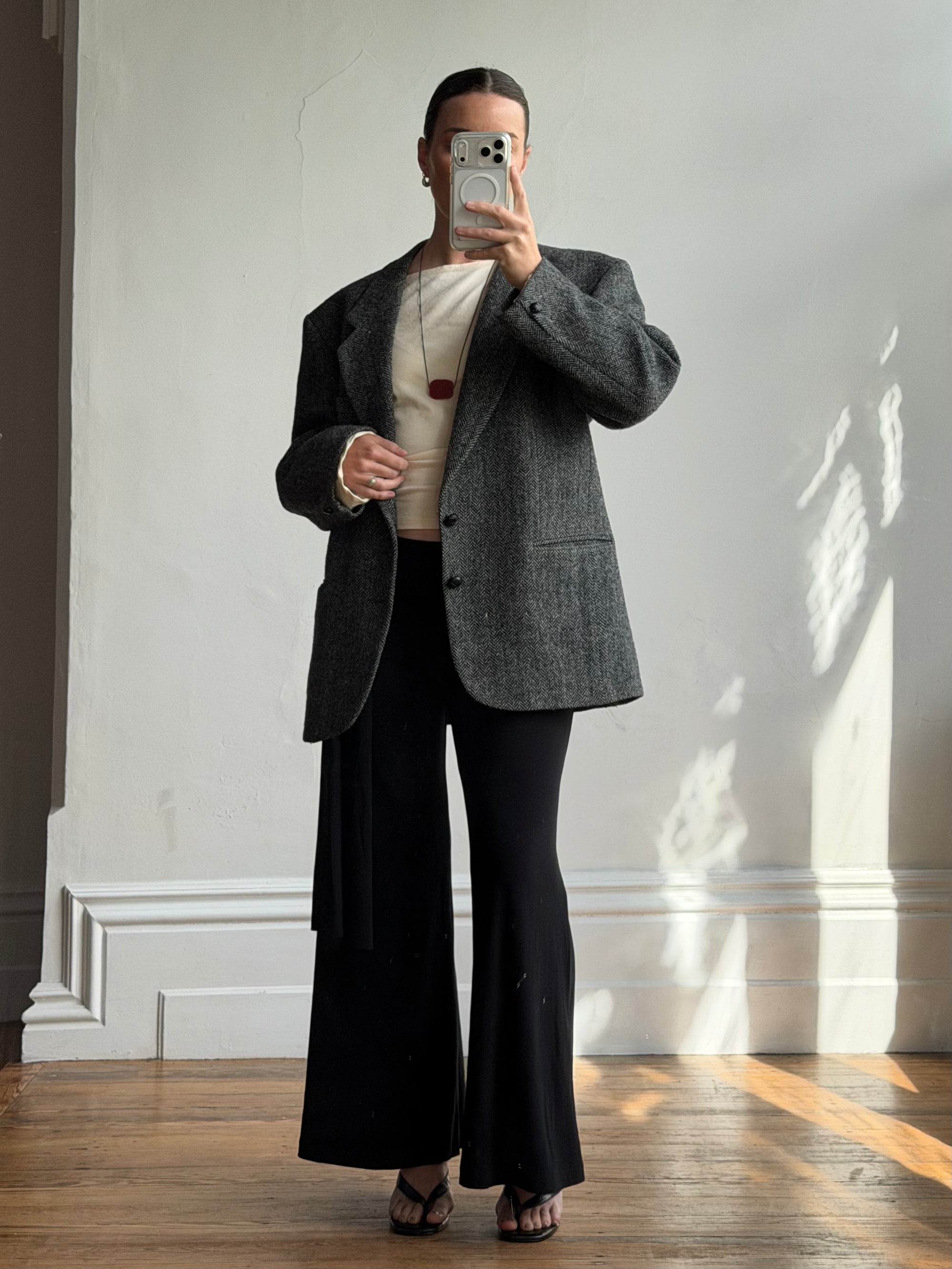Vintage 70s Grey Herringbone Tweed Longline Blazer