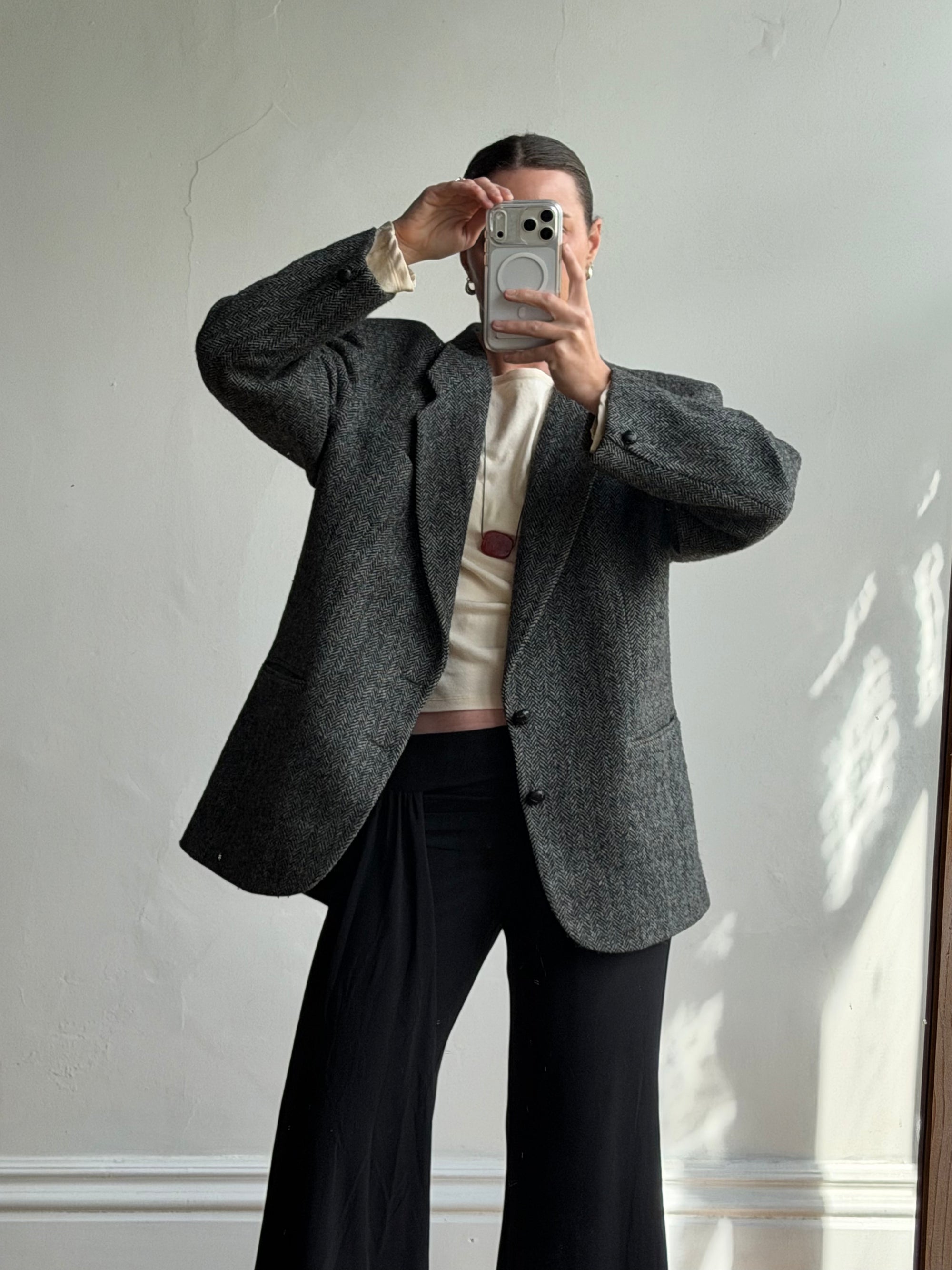 Vintage 70s Grey Herringbone Tweed Longline Blazer