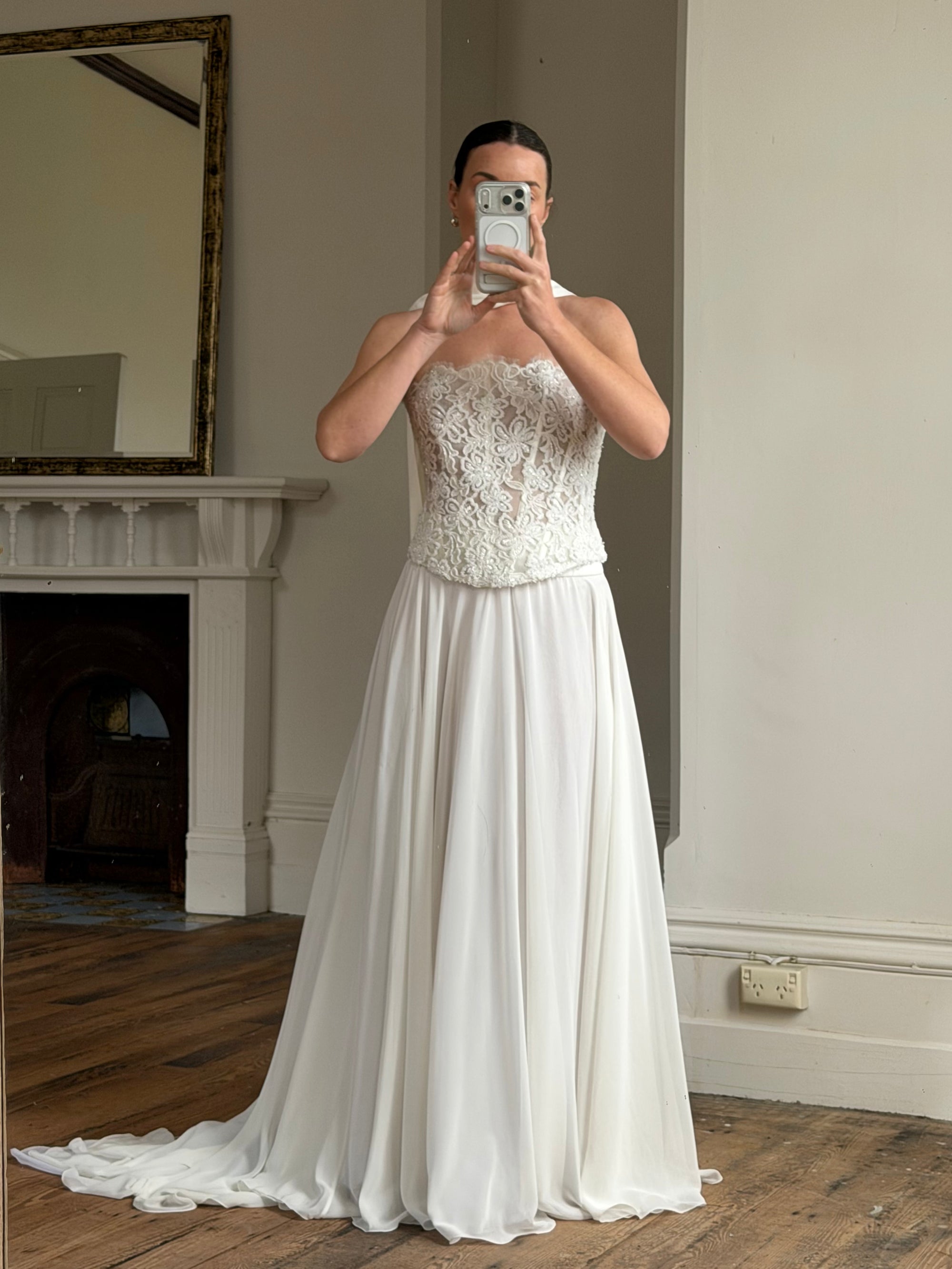 Vintage 90s Italian Sheer Embellished Bridal Bodice and Chiffon Skirt Set