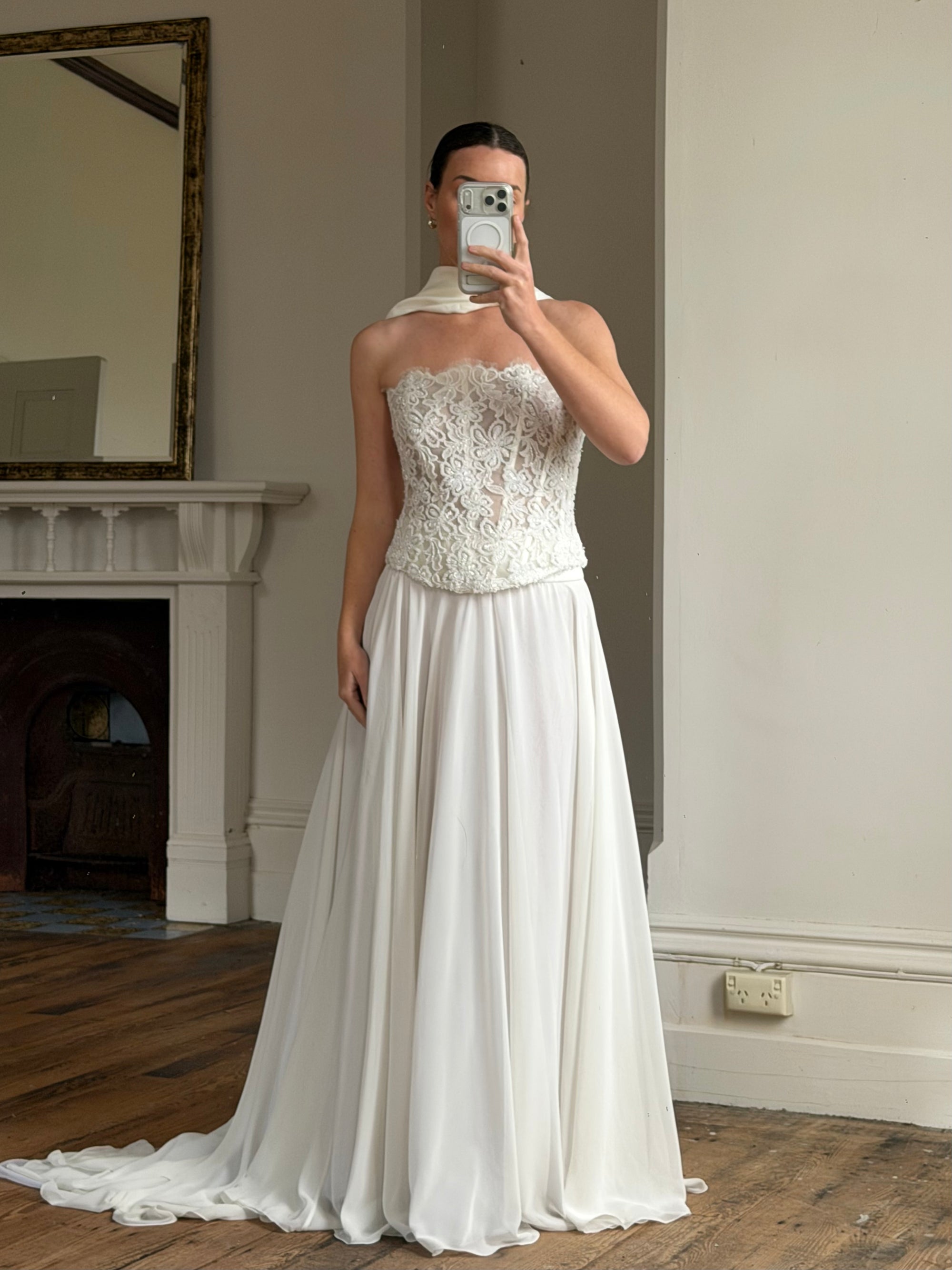 Vintage 90s Italian Sheer Embellished Bridal Bodice and Chiffon Skirt Set