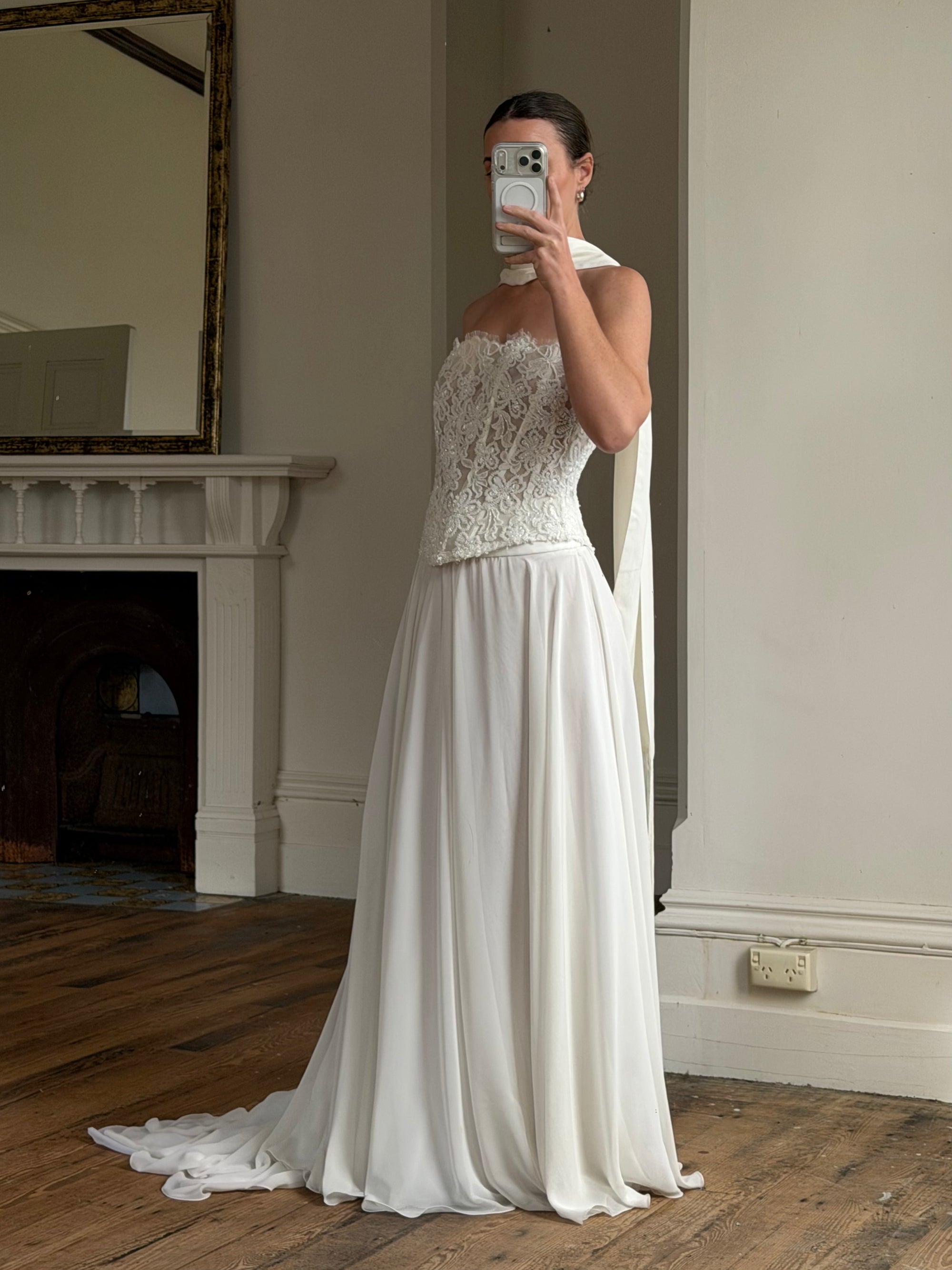 Vintage 90s Italian Sheer Embellished Bridal Bodice and Chiffon Skirt Set