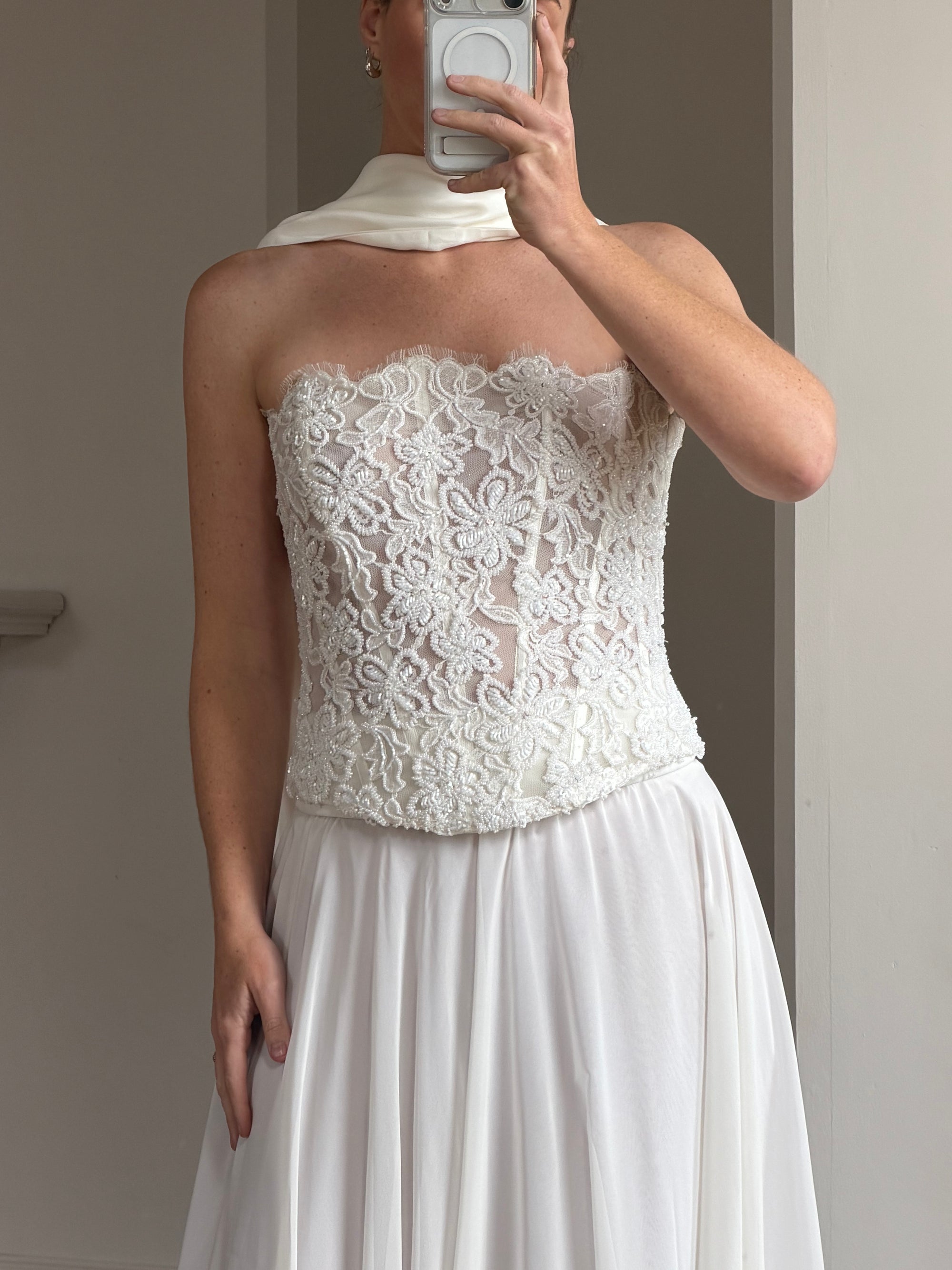 Vintage 90s Italian Sheer Embellished Bridal Bodice and Chiffon Skirt Set