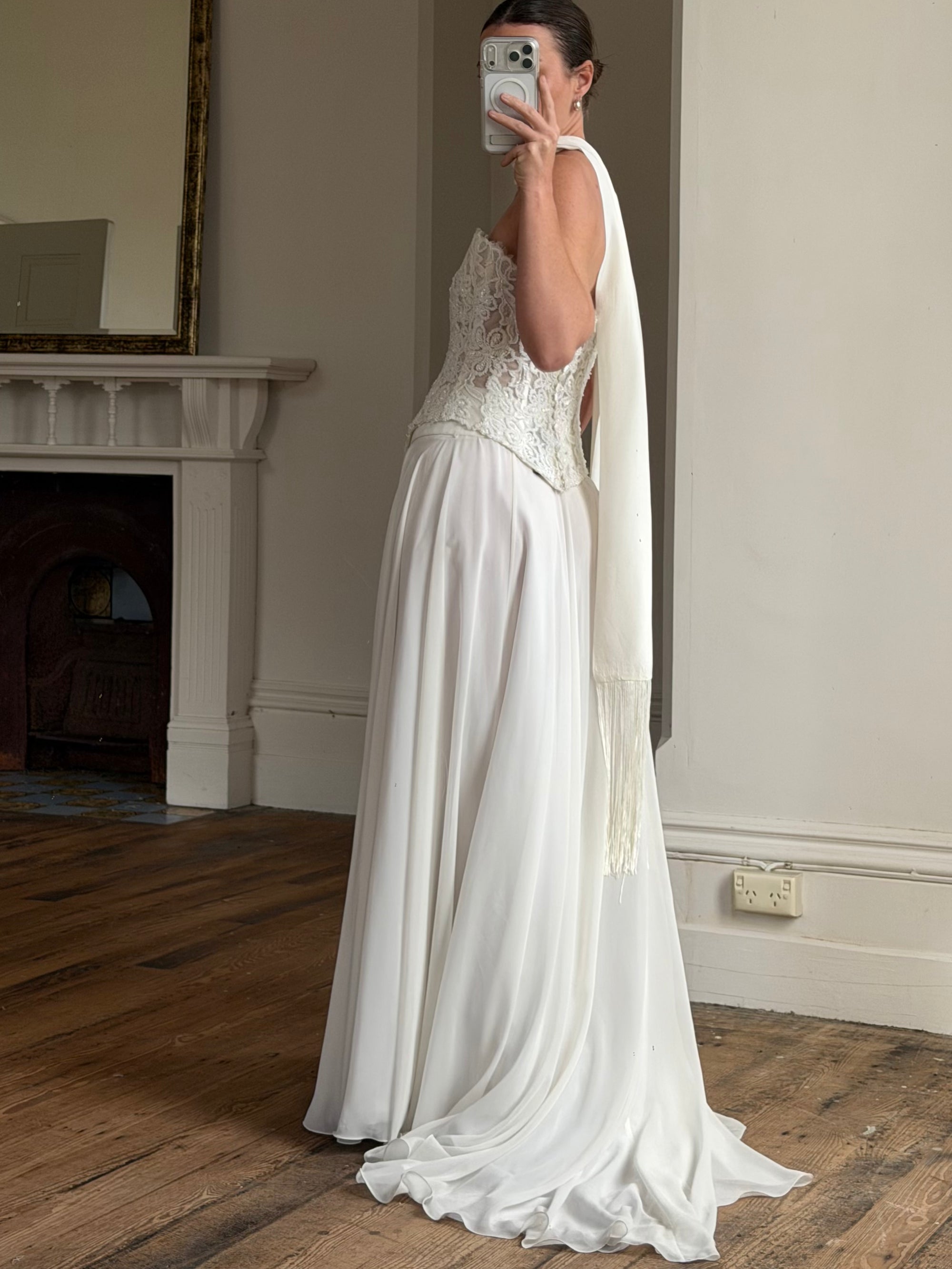 Vintage 90s Italian Sheer Embellished Bridal Bodice and Chiffon Skirt Set