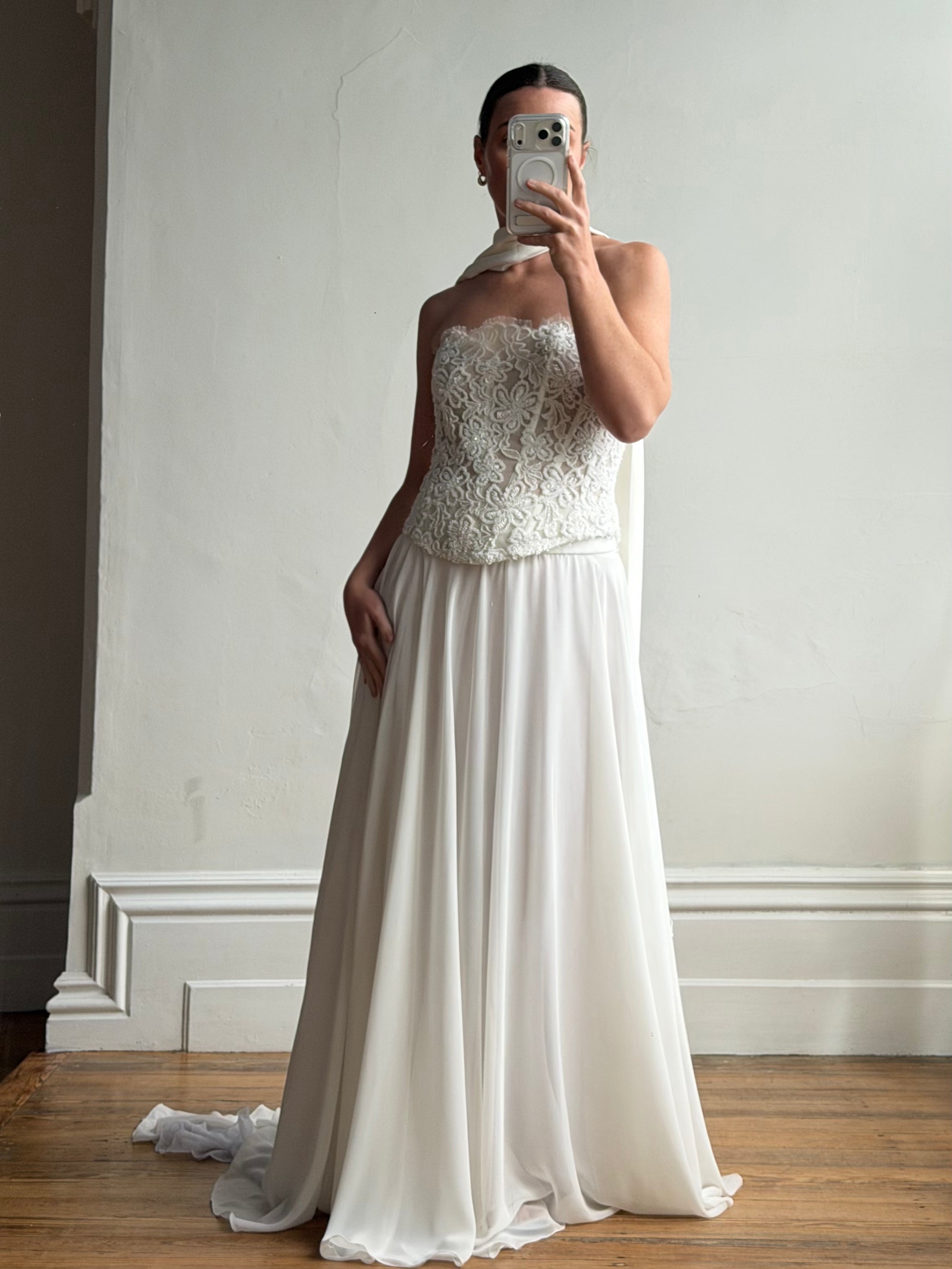 Vintage 90s Italian Sheer Embellished Bridal Bodice and Chiffon Skirt Set