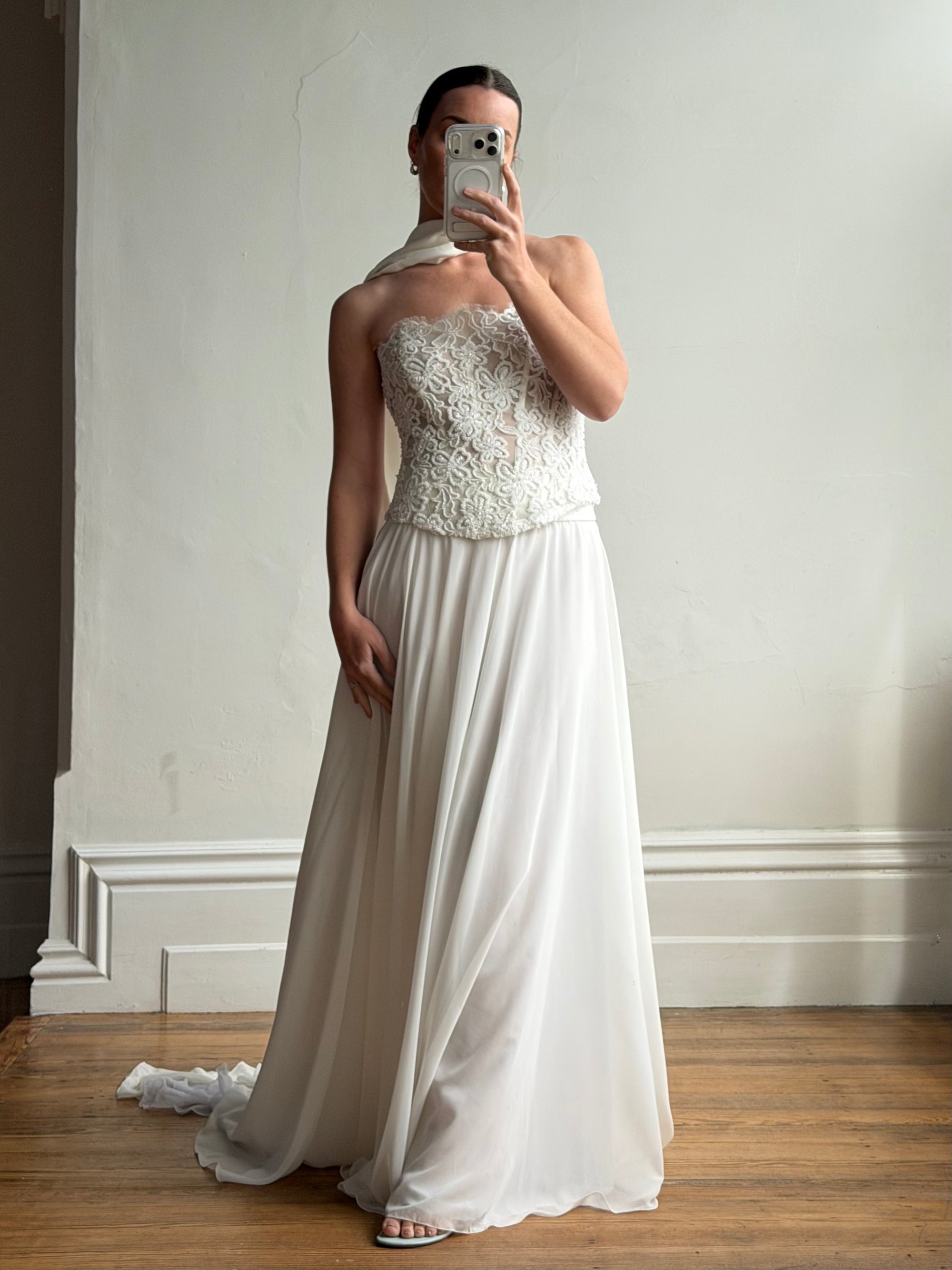 Vintage 90s Italian Sheer Embellished Bridal Bodice and Chiffon Skirt Set