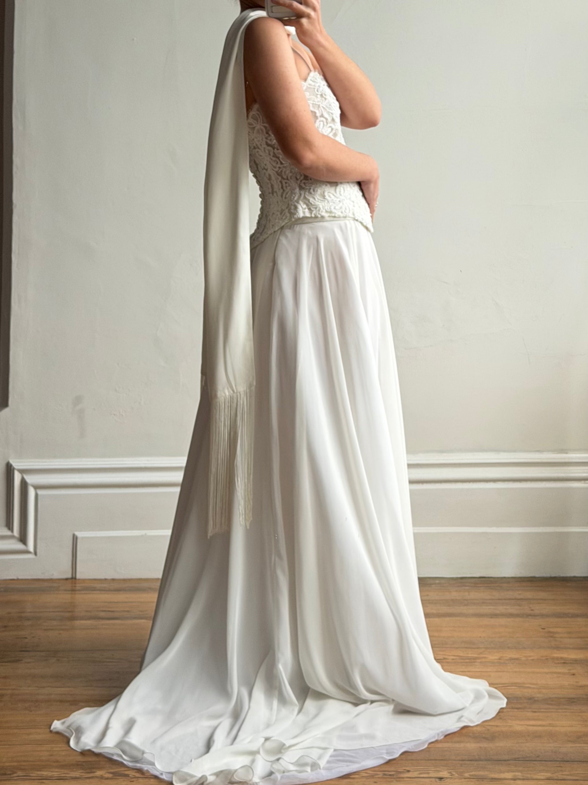 Vintage 90s Italian Sheer Embellished Bridal Bodice and Chiffon Skirt Set