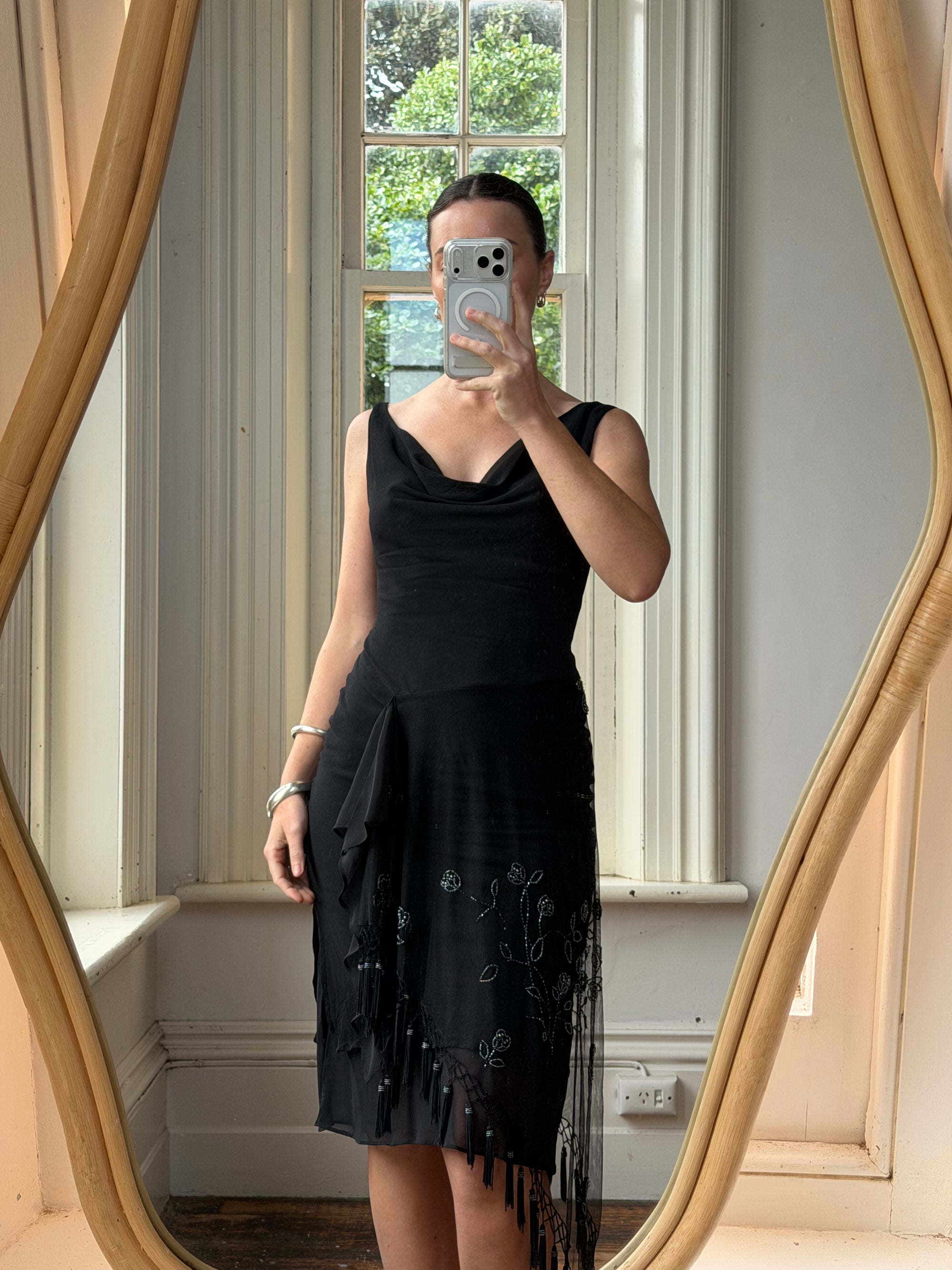 Vintage 90s Asymmetrical Beaded Fringe Cowl Dress