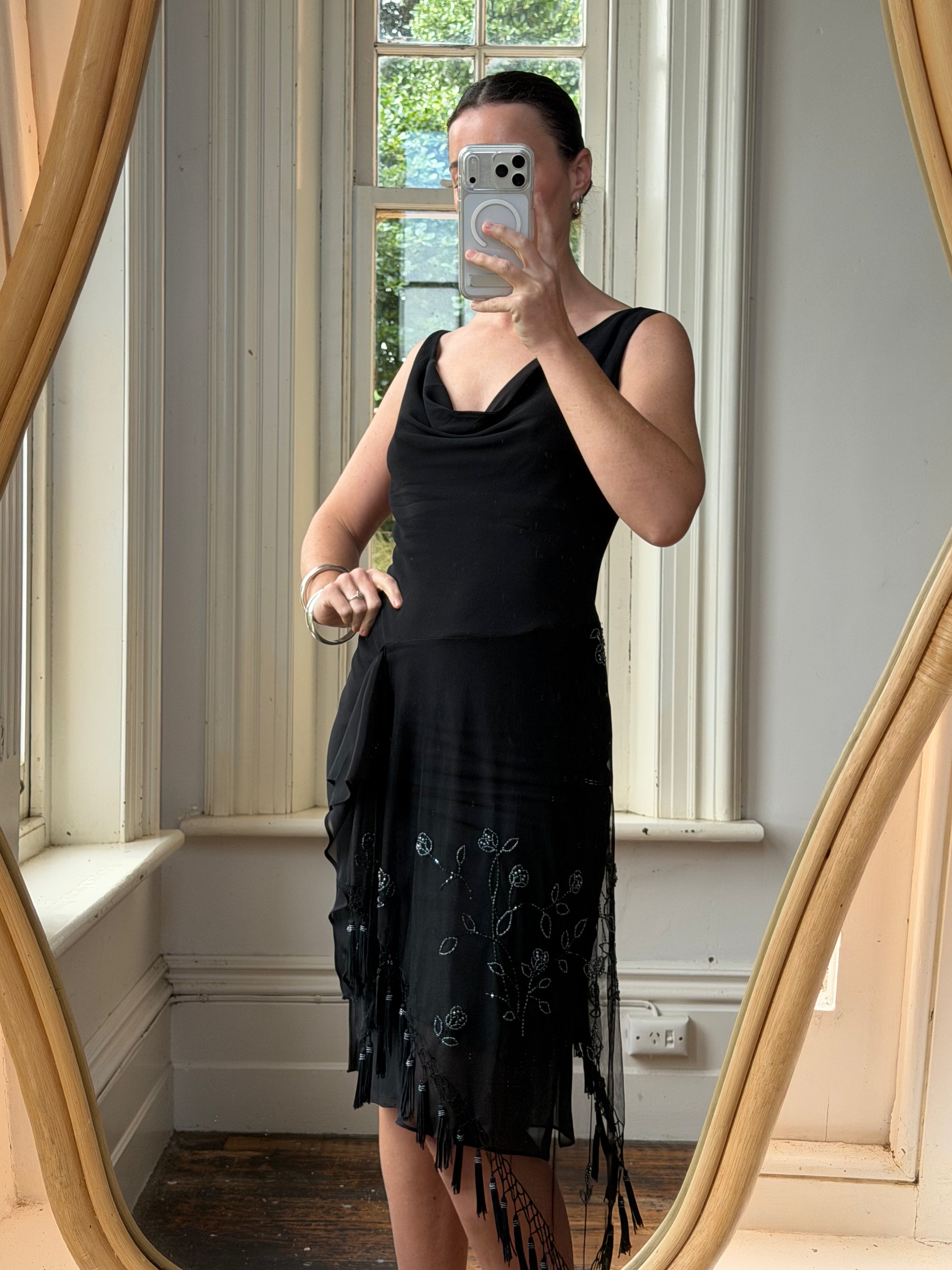 Vintage 90s Asymmetrical Beaded Fringe Cowl Dress