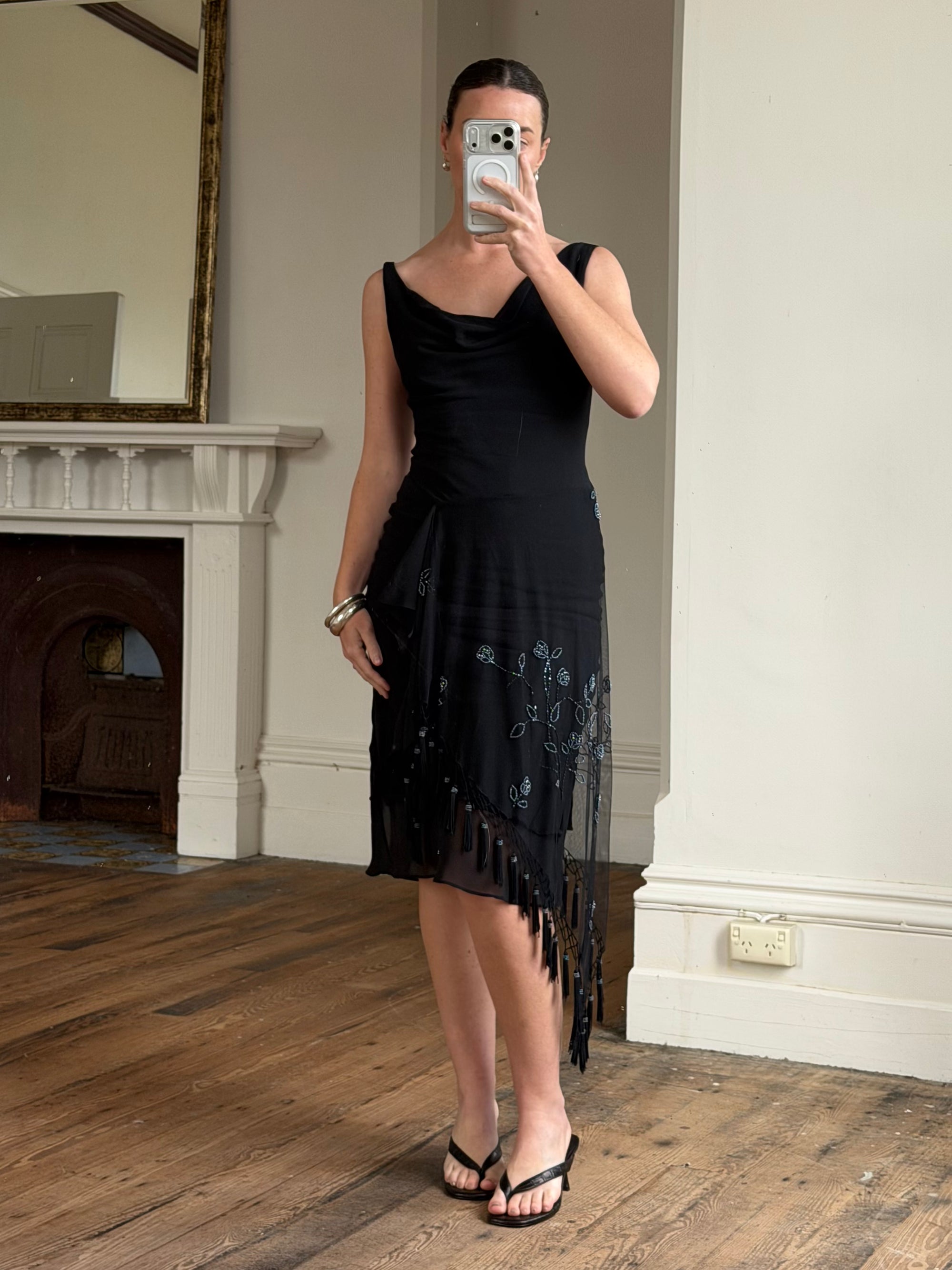 Vintage 90s Asymmetrical Beaded Fringe Cowl Dress