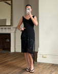 Vintage 90s Asymmetrical Beaded Fringe Cowl Dress