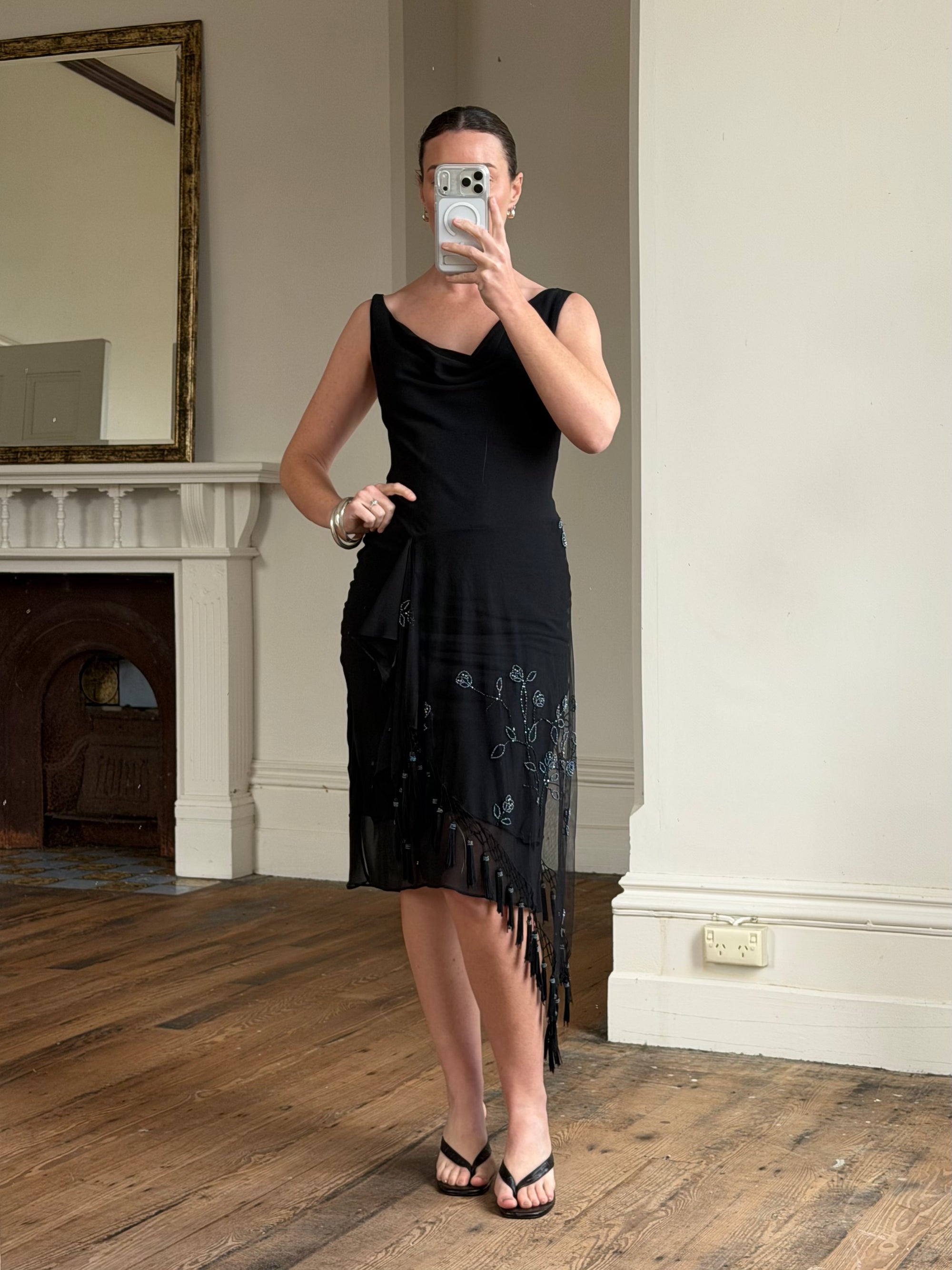 Vintage 90s Asymmetrical Beaded Fringe Cowl Dress