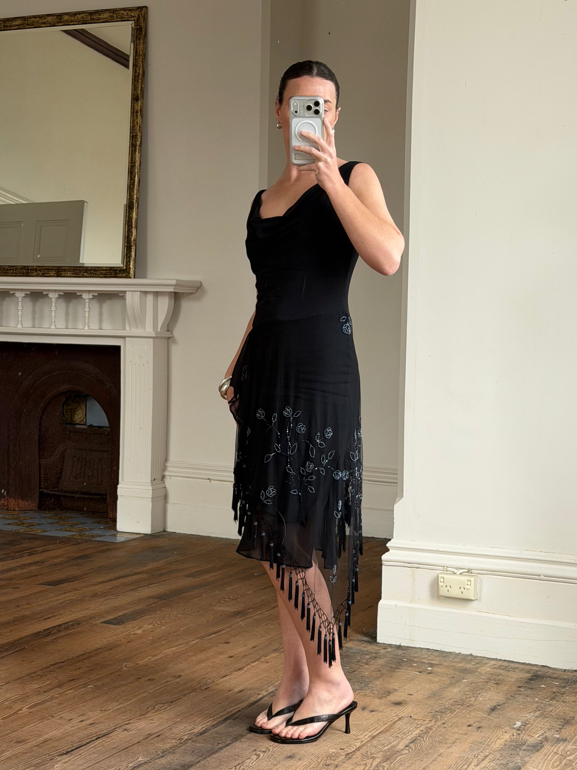 Vintage 90s Asymmetrical Beaded Fringe Cowl Dress
