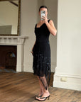 Vintage 90s Asymmetrical Beaded Fringe Cowl Dress