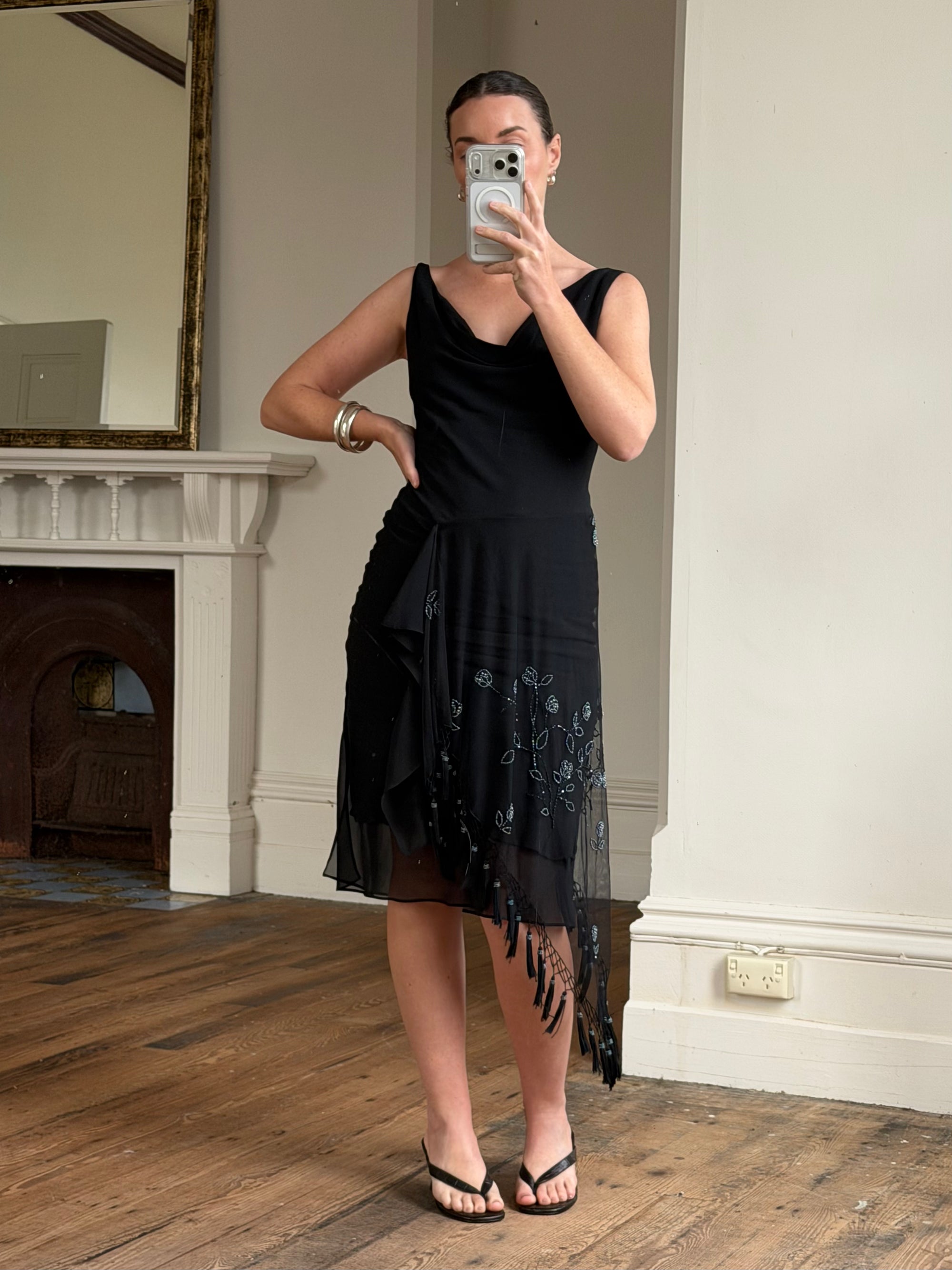Vintage 90s Asymmetrical Beaded Fringe Cowl Dress