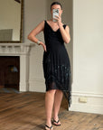 Vintage 90s Asymmetrical Beaded Fringe Cowl Dress
