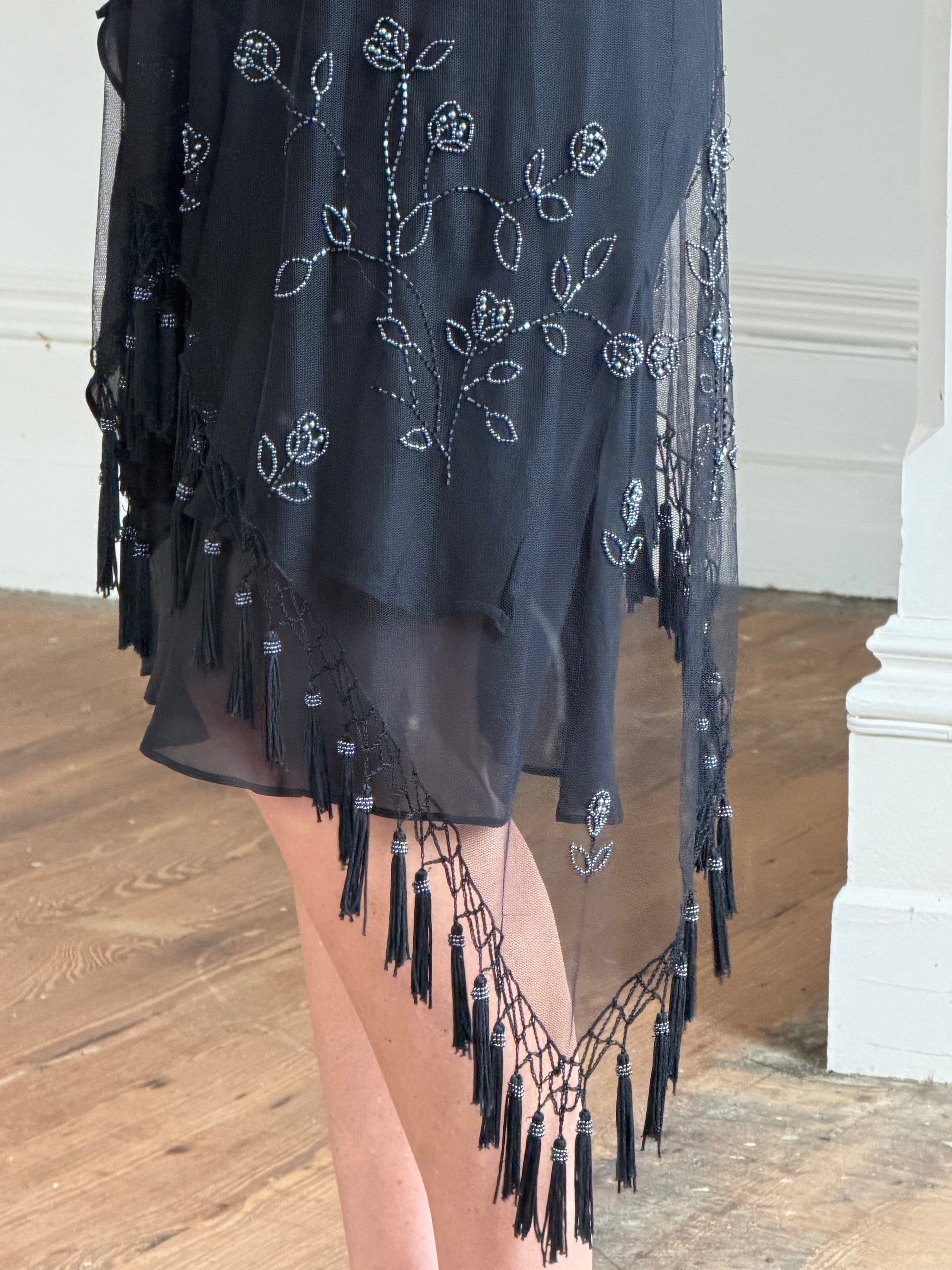 Vintage 90s Asymmetrical Beaded Fringe Cowl Dress