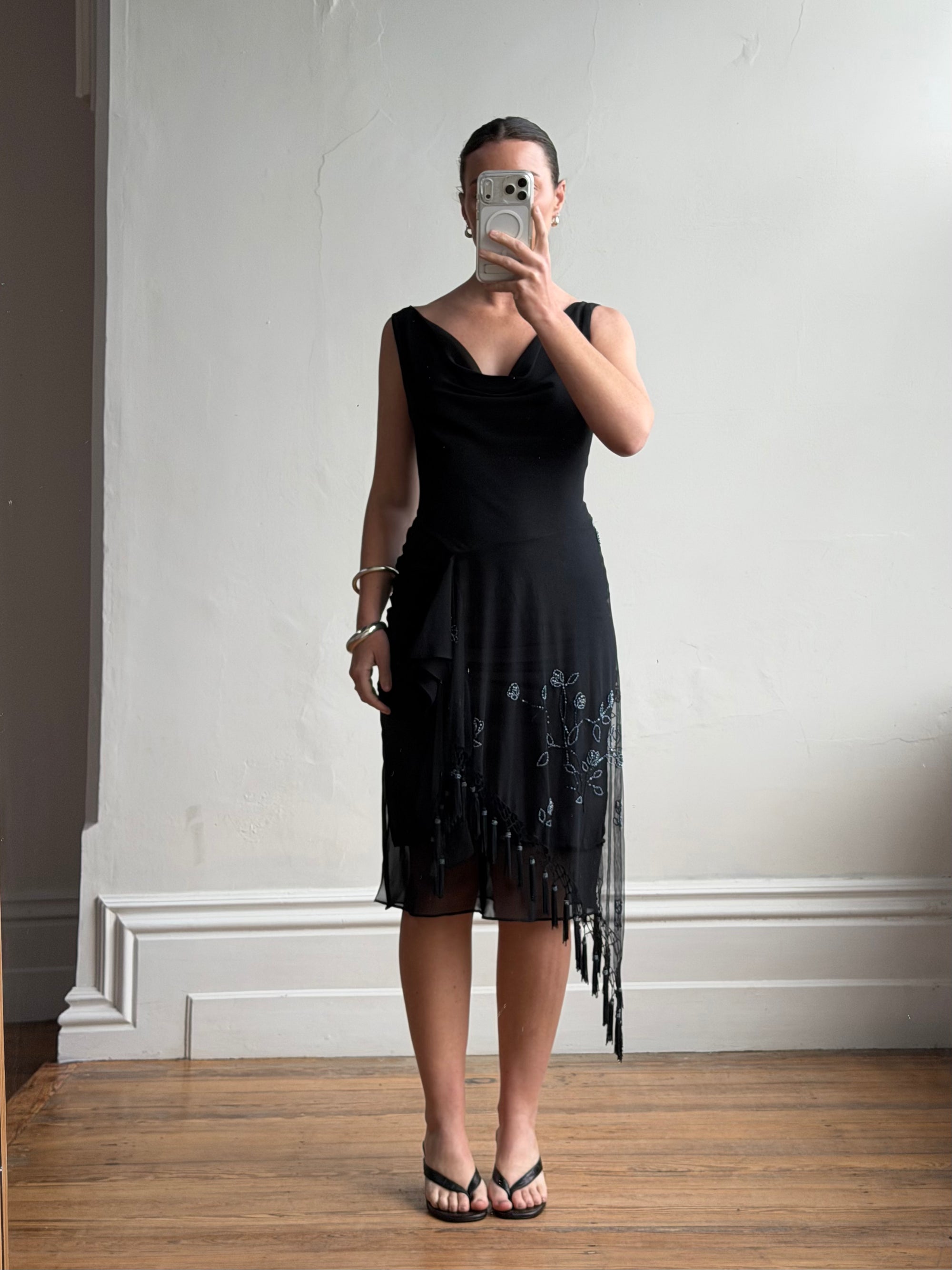Vintage 90s Asymmetrical Beaded Fringe Cowl Dress