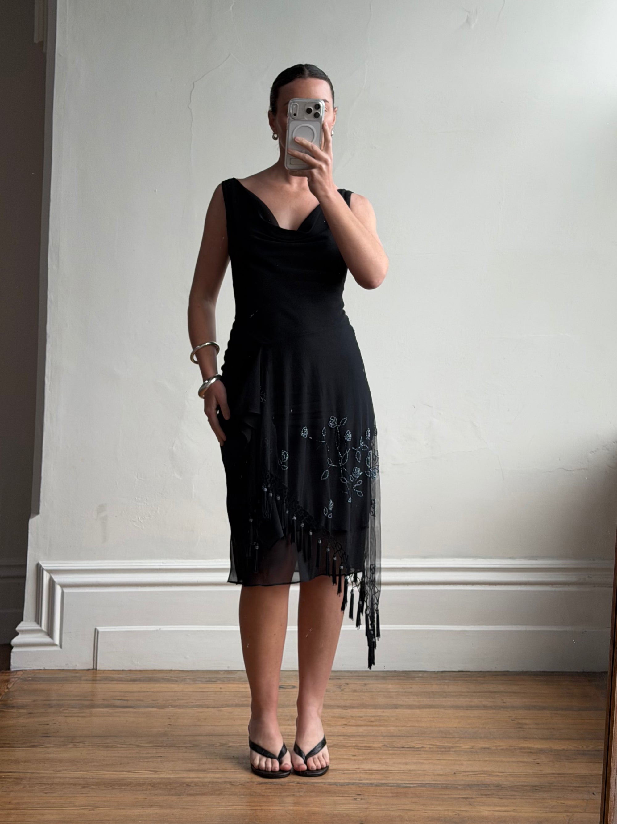Vintage 90s Asymmetrical Beaded Fringe Cowl Dress