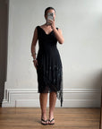 Vintage 90s Asymmetrical Beaded Fringe Cowl Dress