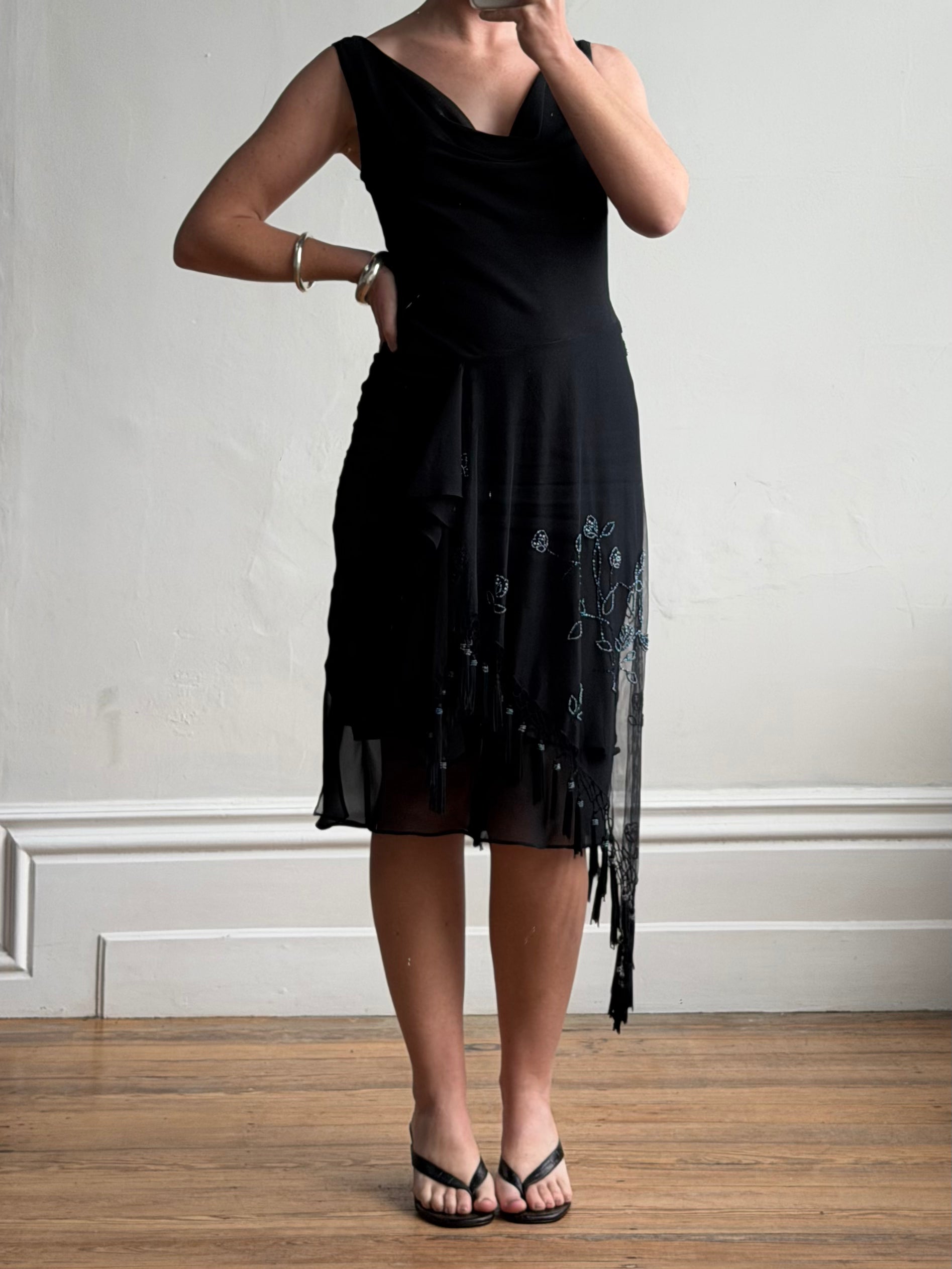 Vintage 90s Asymmetrical Beaded Fringe Cowl Dress