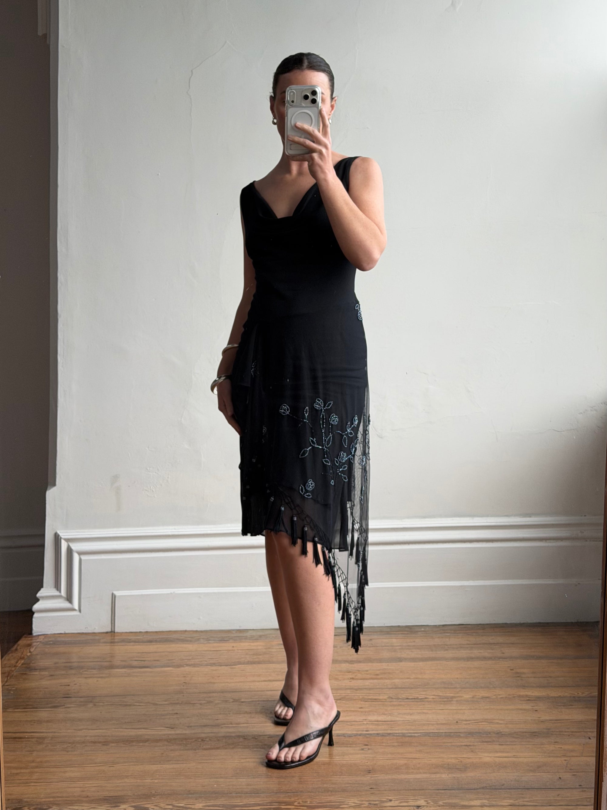 Vintage 90s Asymmetrical Beaded Fringe Cowl Dress
