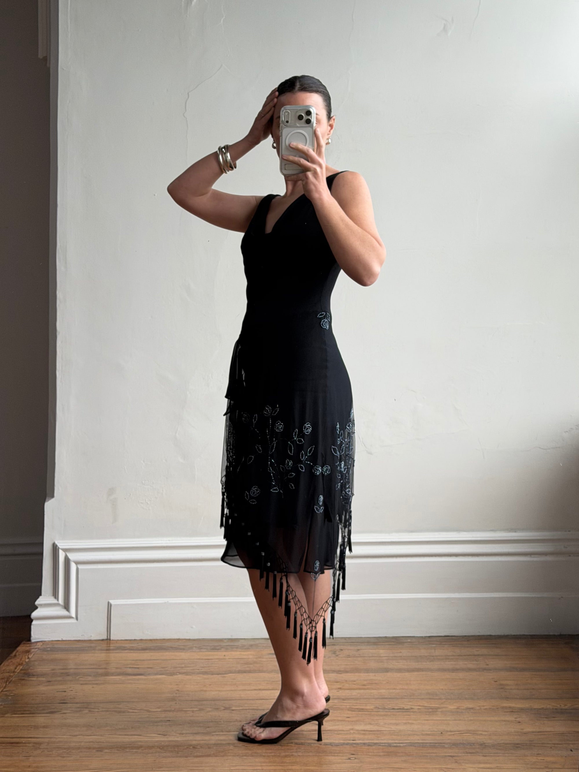 Vintage 90s Asymmetrical Beaded Fringe Cowl Dress