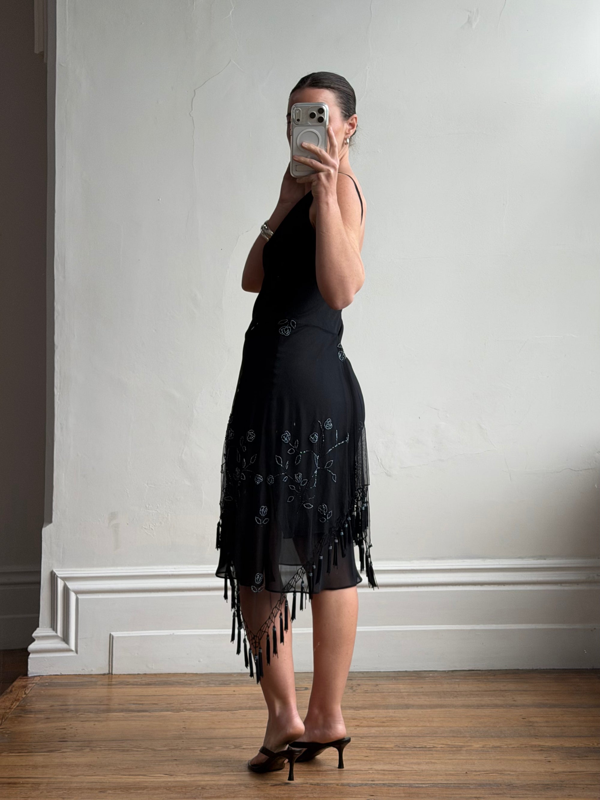 Vintage 90s Asymmetrical Beaded Fringe Cowl Dress