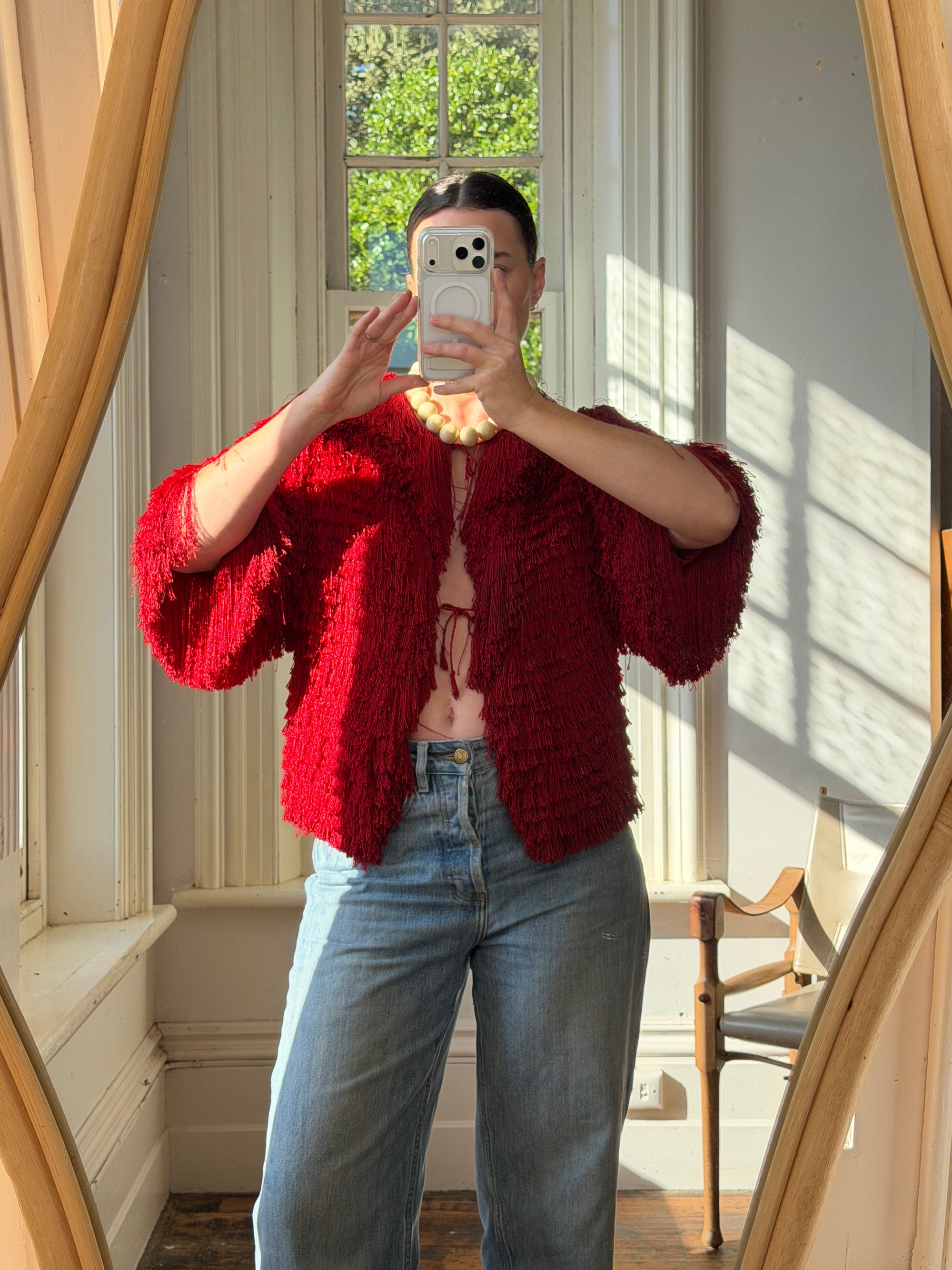 Vintage 40s Fringed Tie Jacket Scarlet Red