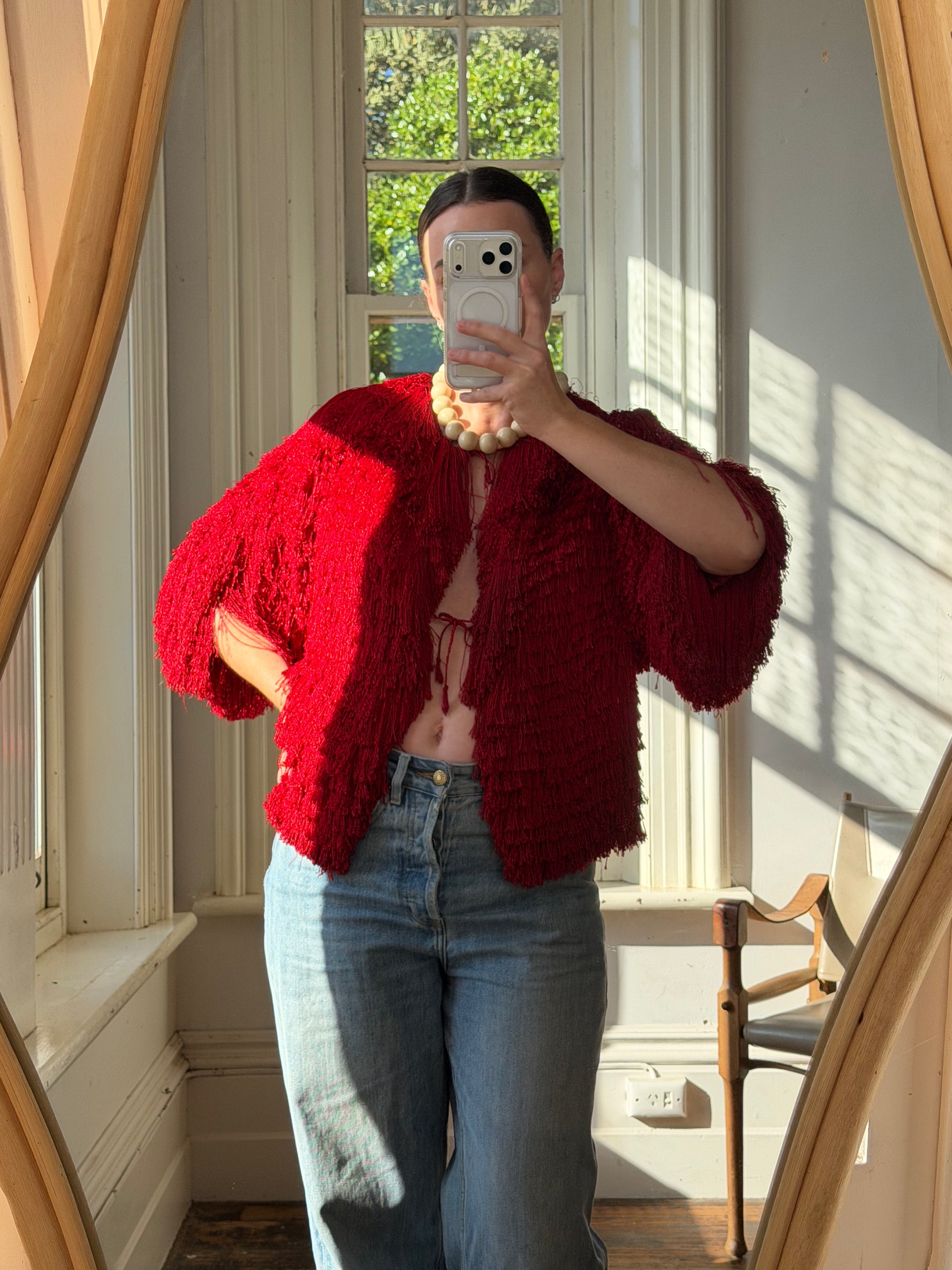 Vintage 40s Fringed Tie Jacket Scarlet Red