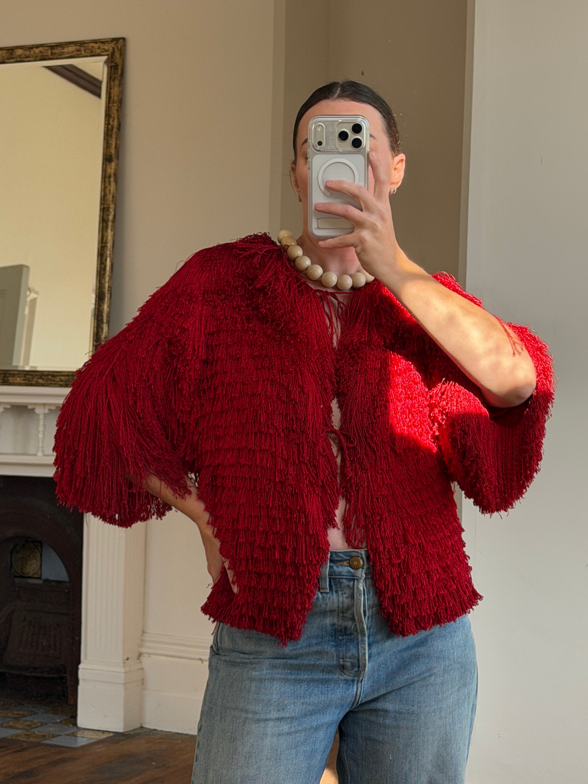 Vintage 40s Fringed Tie Jacket Scarlet Red