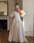 Vintage 80s Silk Dupion Puff Sleeve Bow Wedding Dress