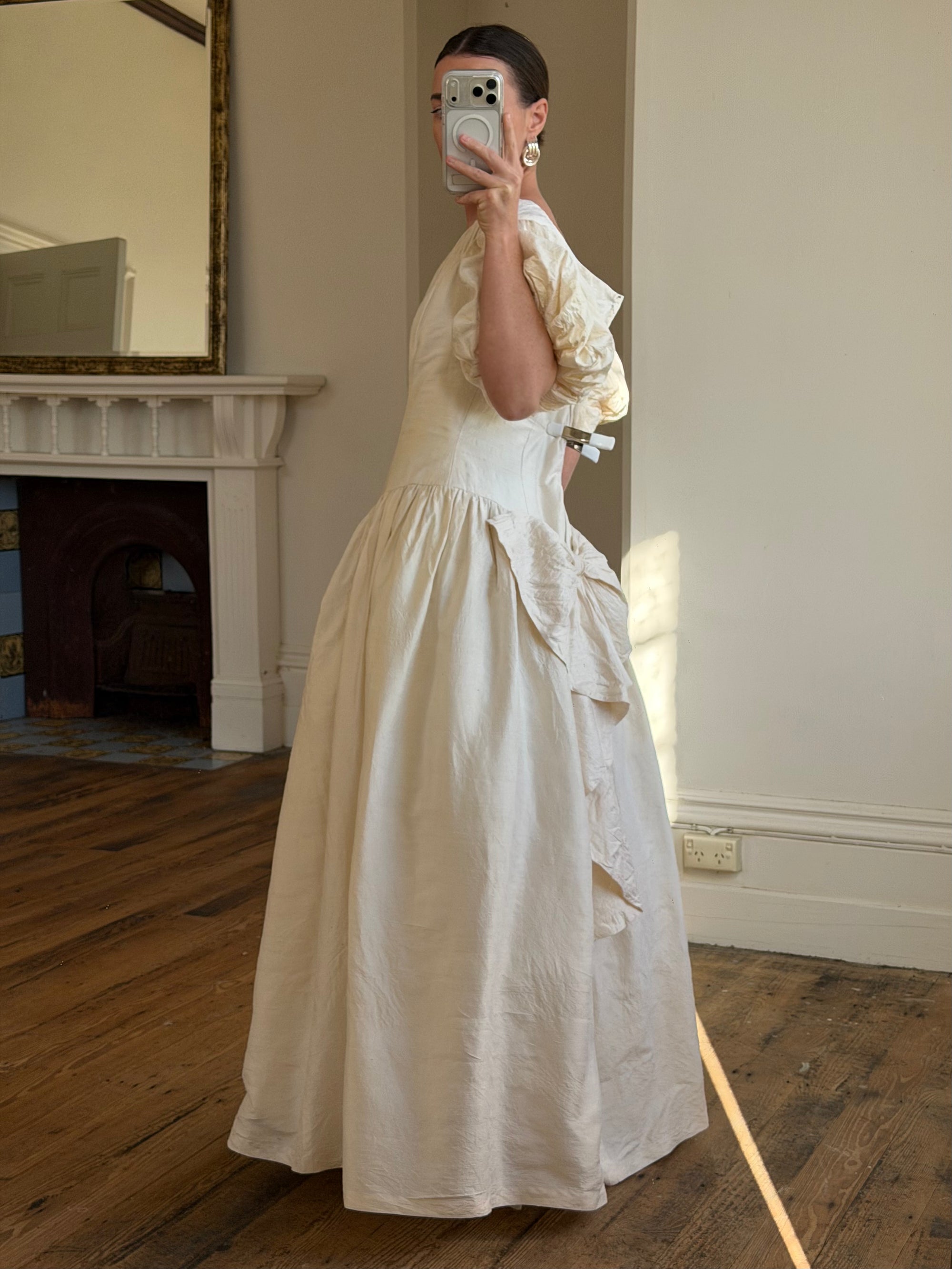 Vintage 80s Silk Dupion Puff Sleeve Bow Wedding Dress