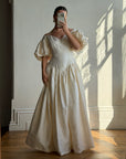 Vintage 80s Silk Dupion Puff Sleeve Bow Wedding Dress