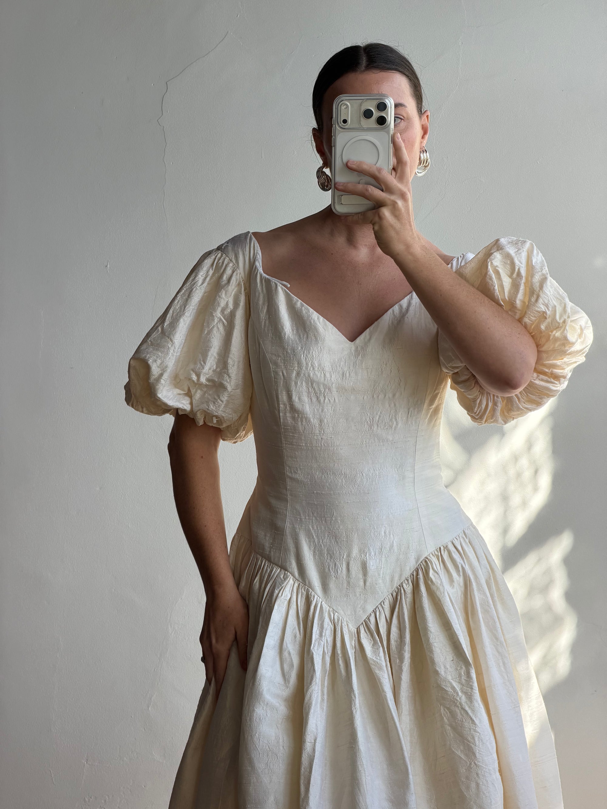 Vintage 80s Silk Dupion Puff Sleeve Bow Wedding Dress