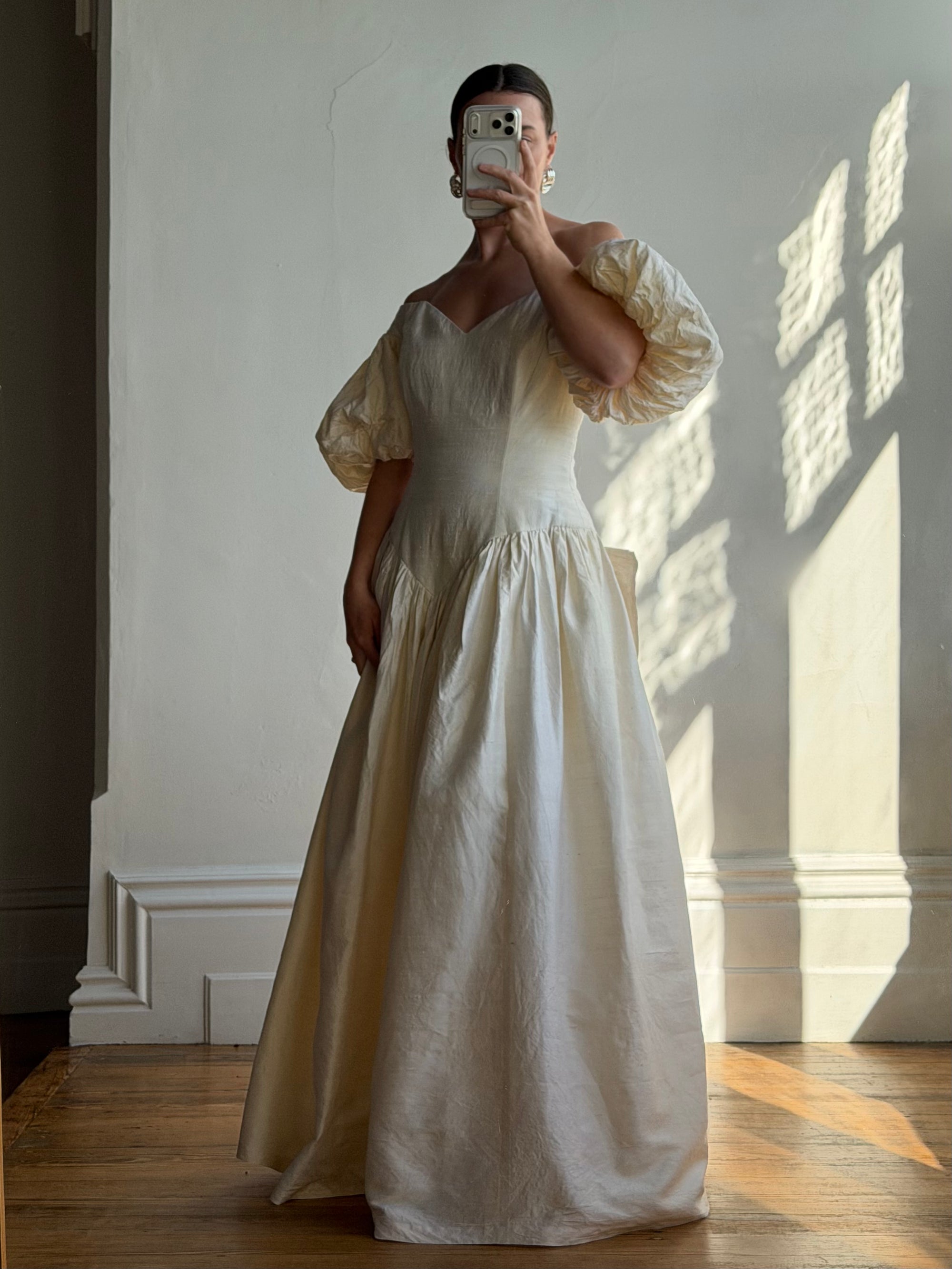 Vintage 80s Silk Dupion Puff Sleeve Bow Wedding Dress