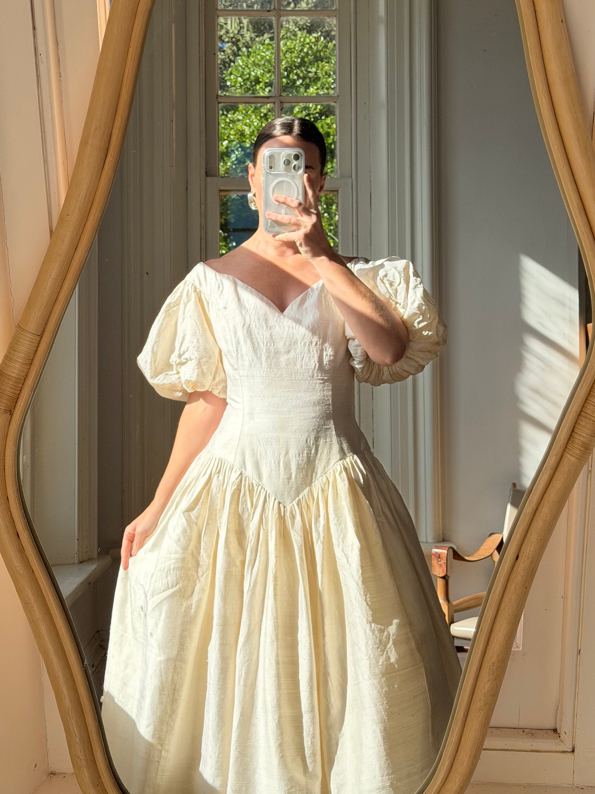 Vintage 80s Silk Dupion Puff Sleeve Bow Wedding Dress