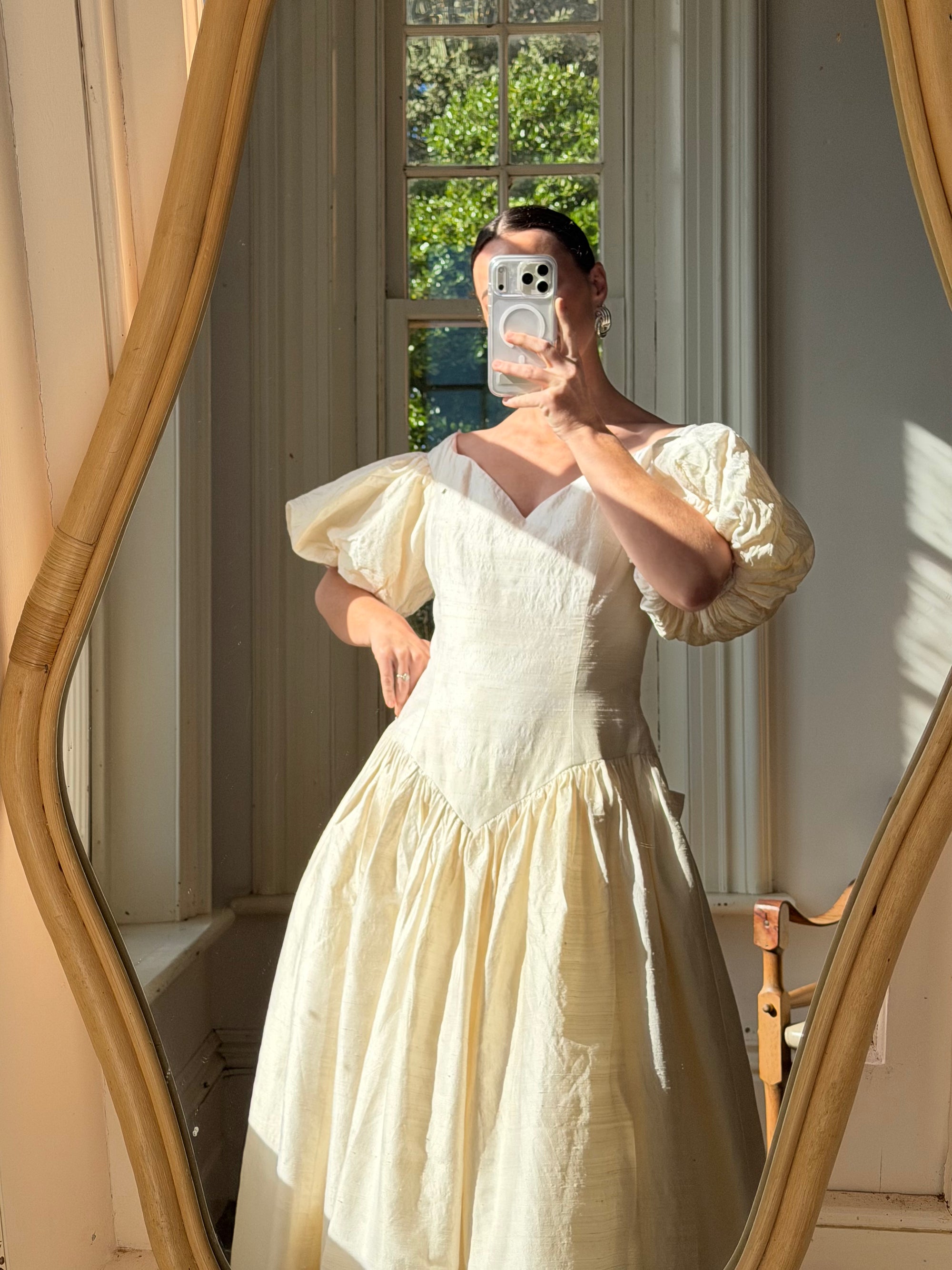 Vintage 80s Silk Dupion Puff Sleeve Bow Wedding Dress