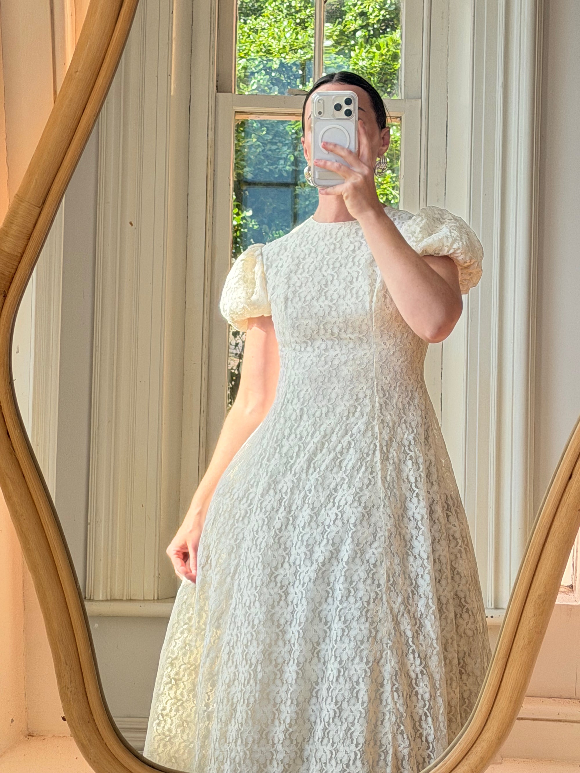 Vintage 60s Lace Puff Sleeve Wedding Dress with Bows
