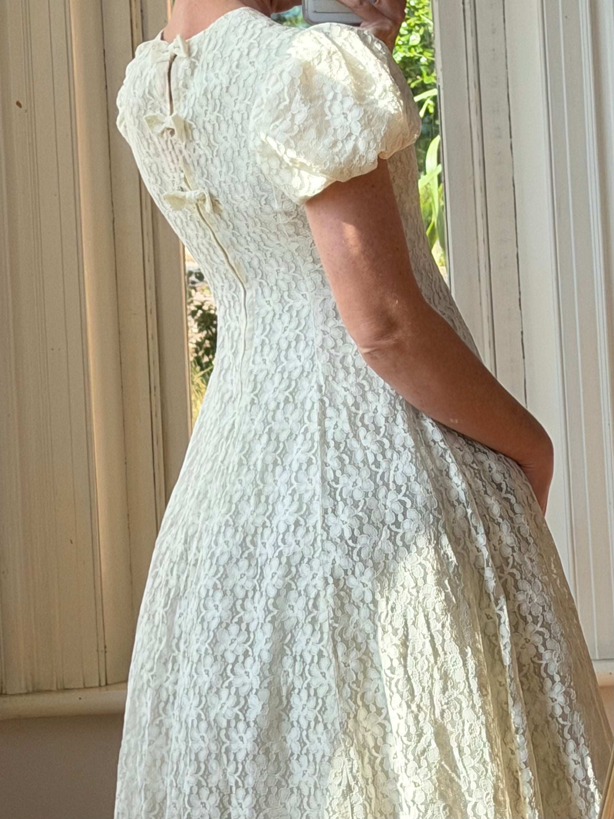 Vintage 60s Lace Puff Sleeve Wedding Dress with Bows