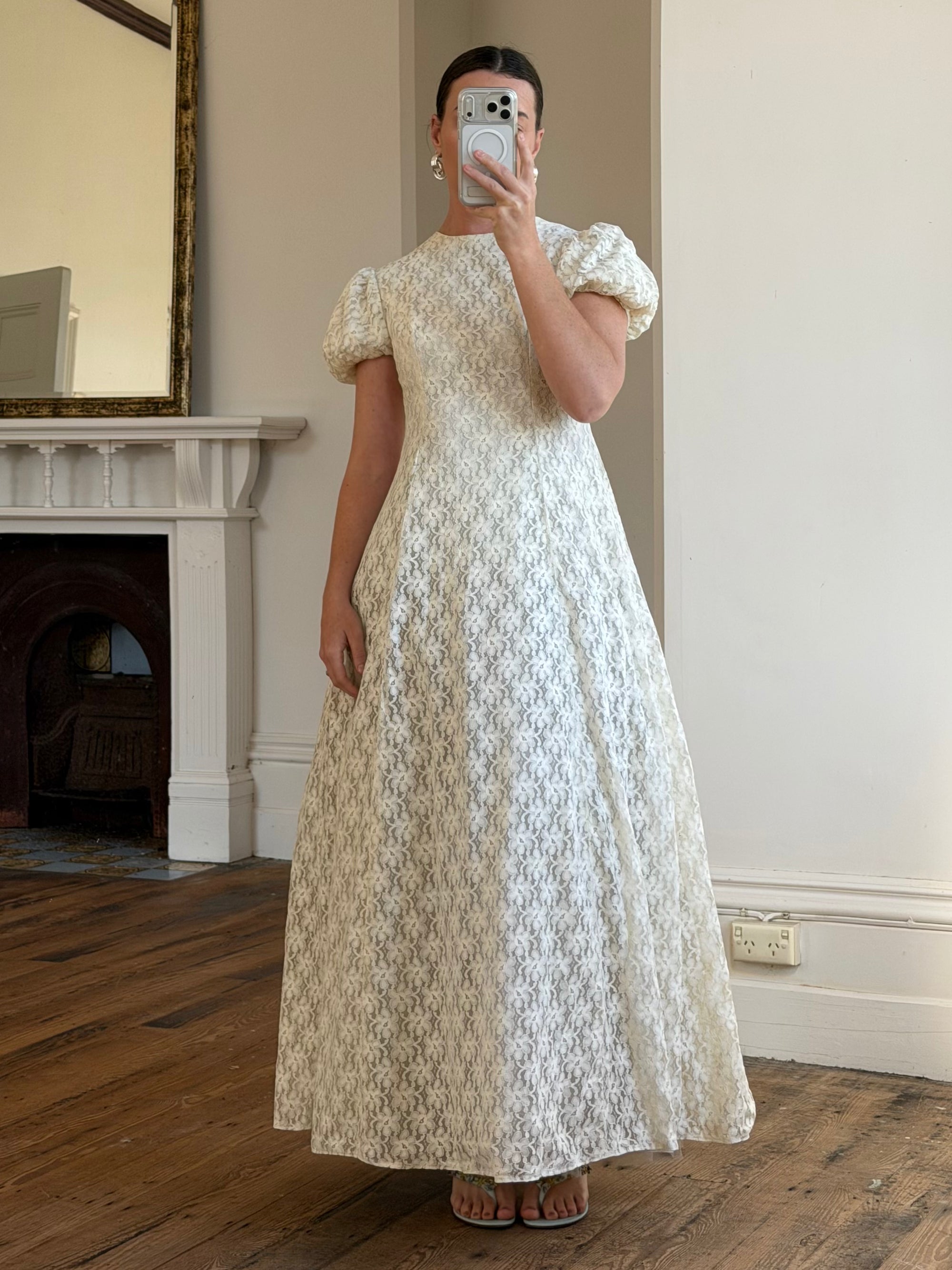Vintage 60s Lace Puff Sleeve Wedding Dress with Bows