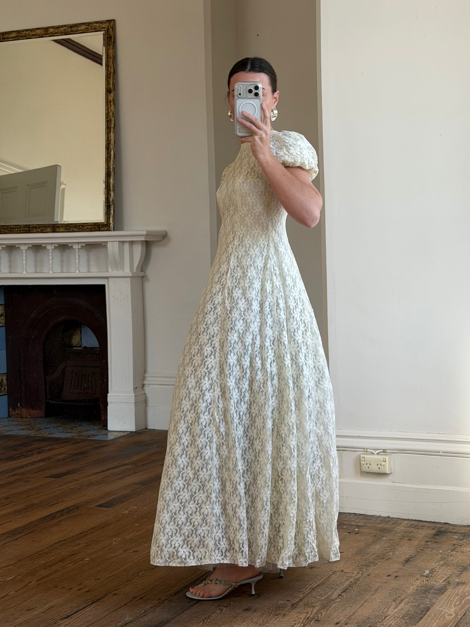Vintage 60s Lace Puff Sleeve Wedding Dress with Bows