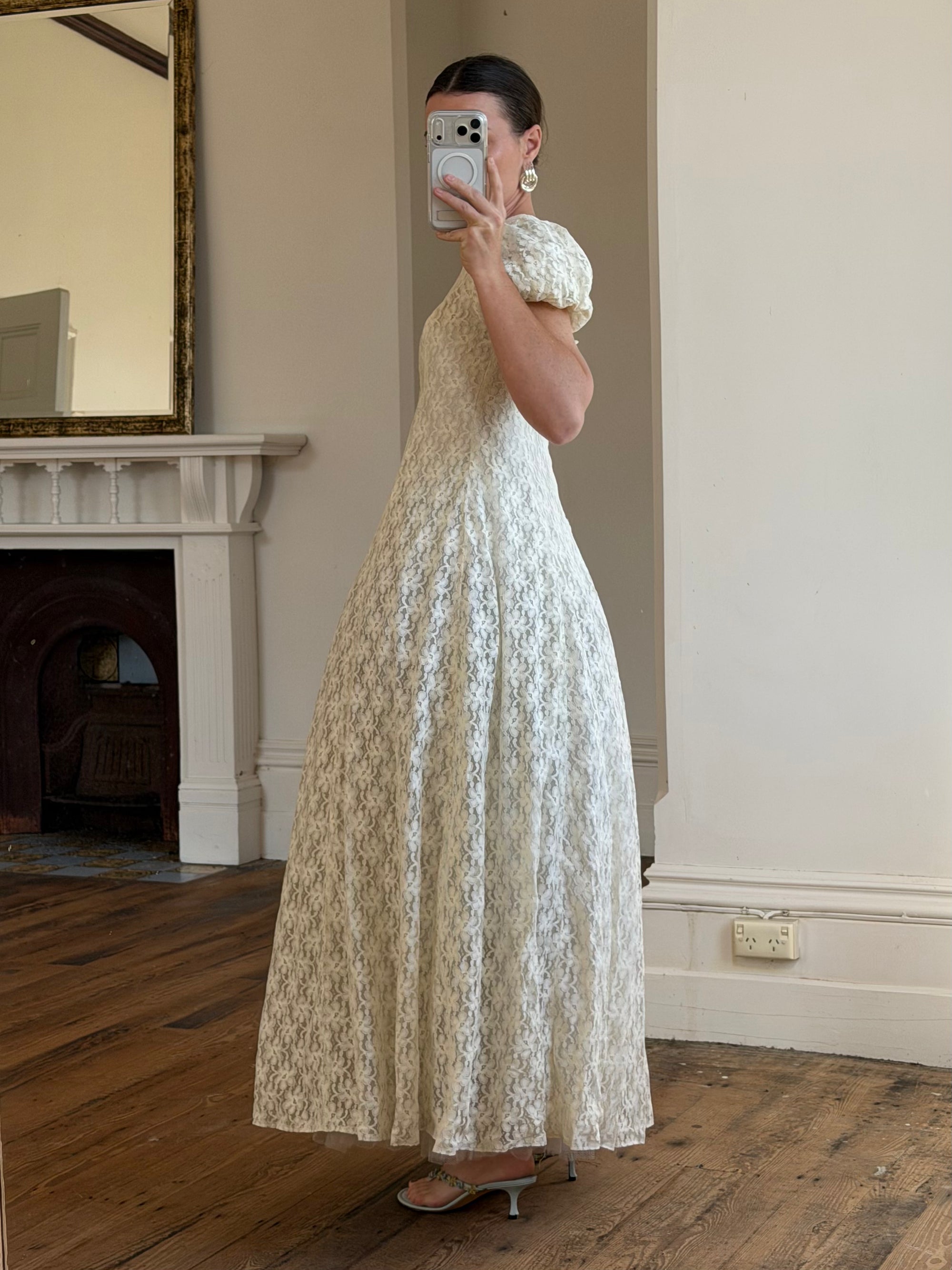 Vintage 60s Lace Puff Sleeve Wedding Dress with Bows